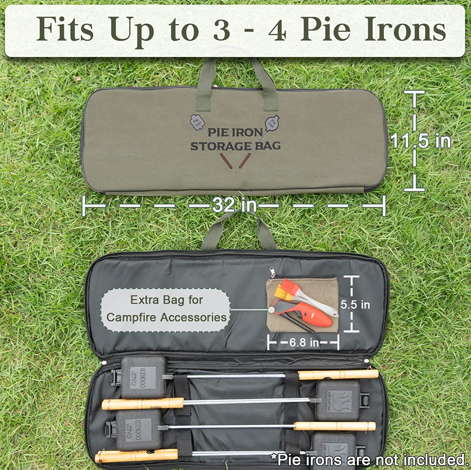 Deluxe Mountain Pie Maker Bag for Campfire Pie Iron - Fits up to 4 Cast Pie Irons, Heavy Duty Thick Padding with Extra Pocket for Fire Pit Accessories, Strong Straps to Keep Pie Maker Stable, 32&times;10 In image number 6