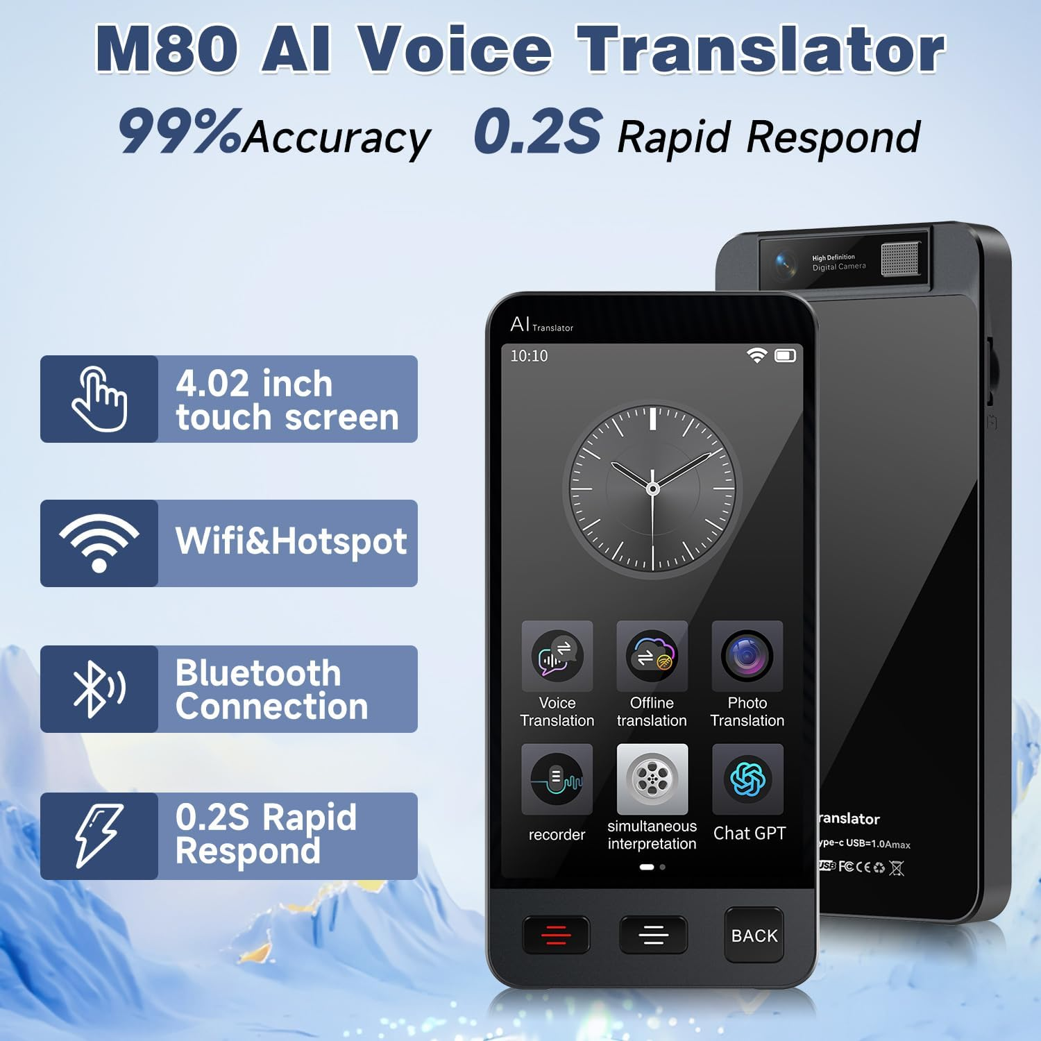 M80 AI Language Translator Device,Chatgpt Offline Voice & Photo Translator, 142 Languages, No Wifi Needed, 2-Way Real-Time Recording for Travel, Business & Learning | Portable & Fast image number 3