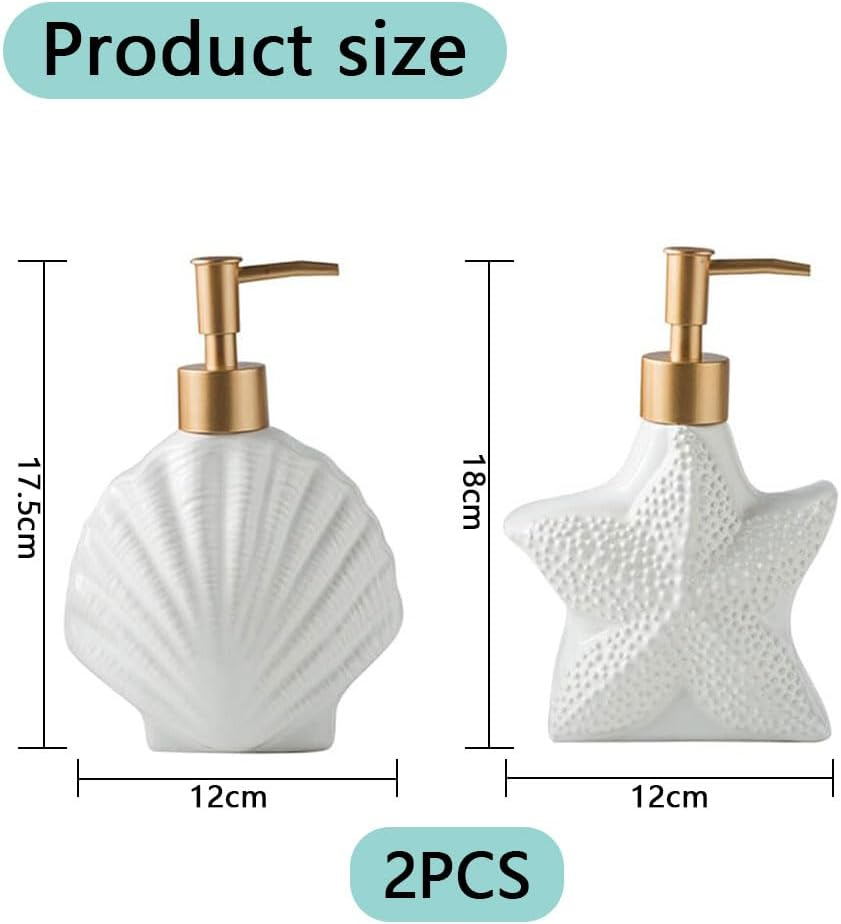 HYAVIA 2 Pack Nordic Ceramic Lotion Bottles, Refillable Soap Dispenser Set with Golden Pump, Shell & Starfish Design for Bathroom D&eacute;cor, Shampoo, Conditioner & Body Wash, 18&times;12Cm image number 4