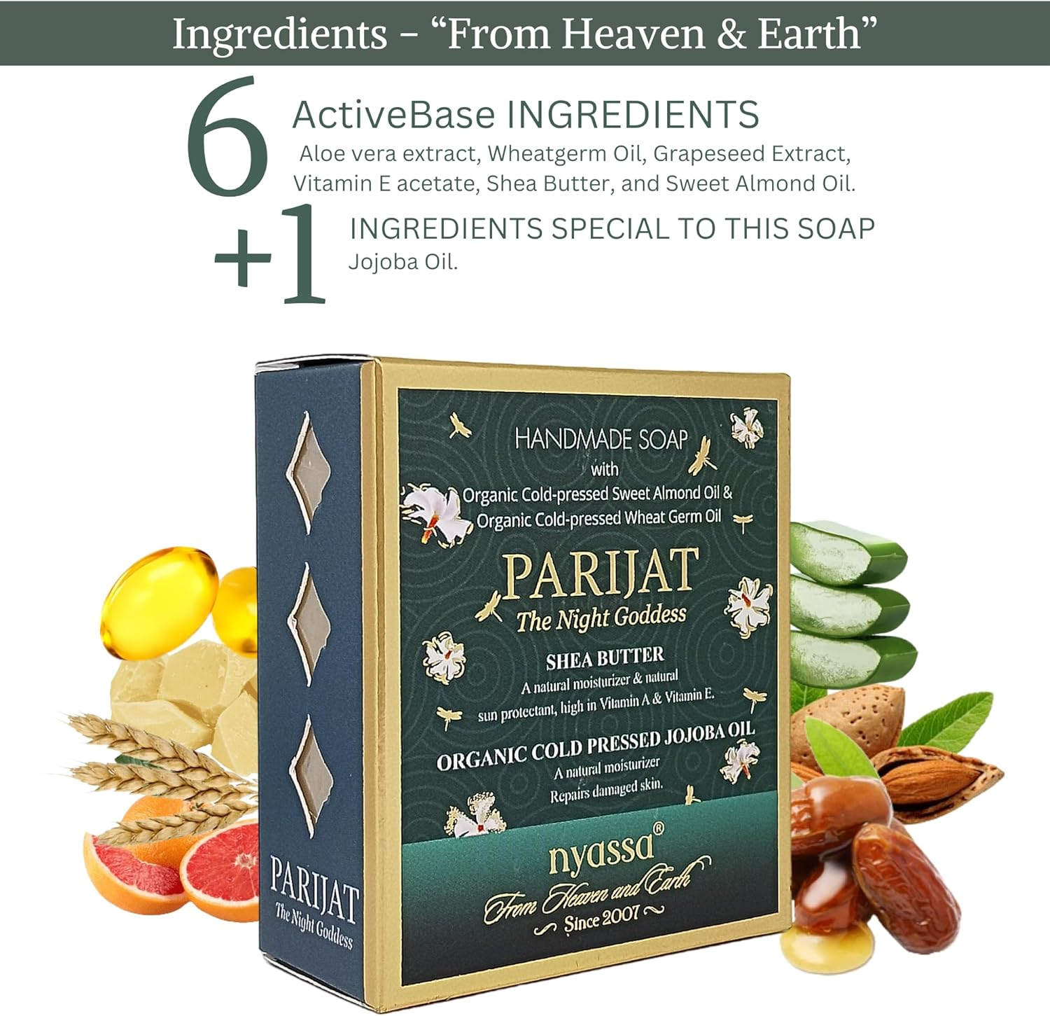 Nyassa Parijat Night Blooming Jasmine Handmade Soap 150Gm with Turmeric and Shea Butter. Paraben Free, Cruelty Free and 100% Vegetarian. image number 2