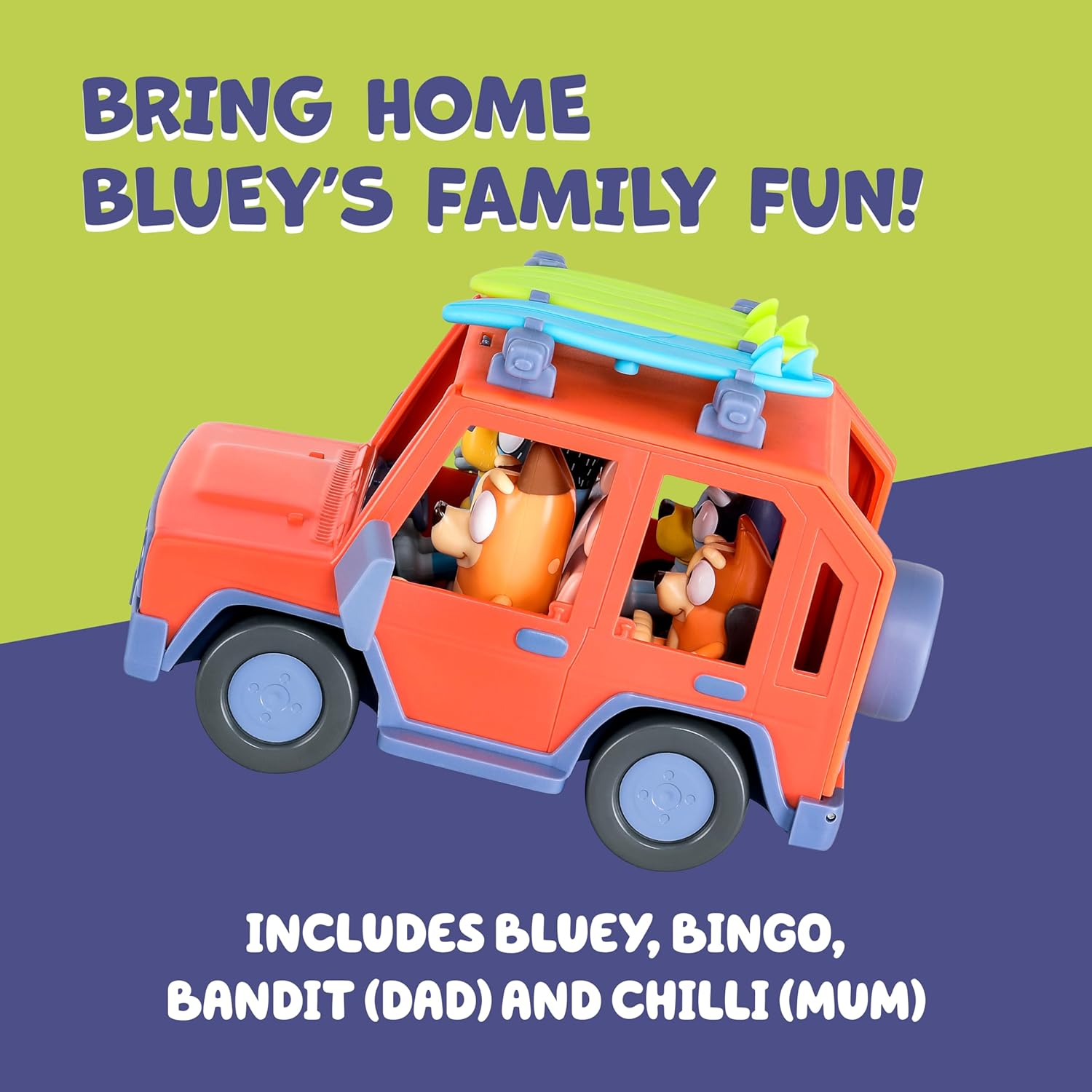 Bluey Heeler Family 4WD Vehicle and 4 Figure Pack, 6.3-7.6Cm Figures, 2 Surfboards Accessories and Stickers.