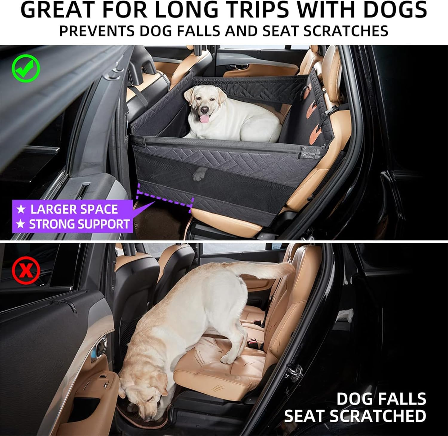 Cozioz Large Dog Car Seat with Back Seat Extender, Waterproof Pet Bed and Car Hammock for Medium & Large Dogs, Backseat Cover for Travel &ndash; Black (L Size)