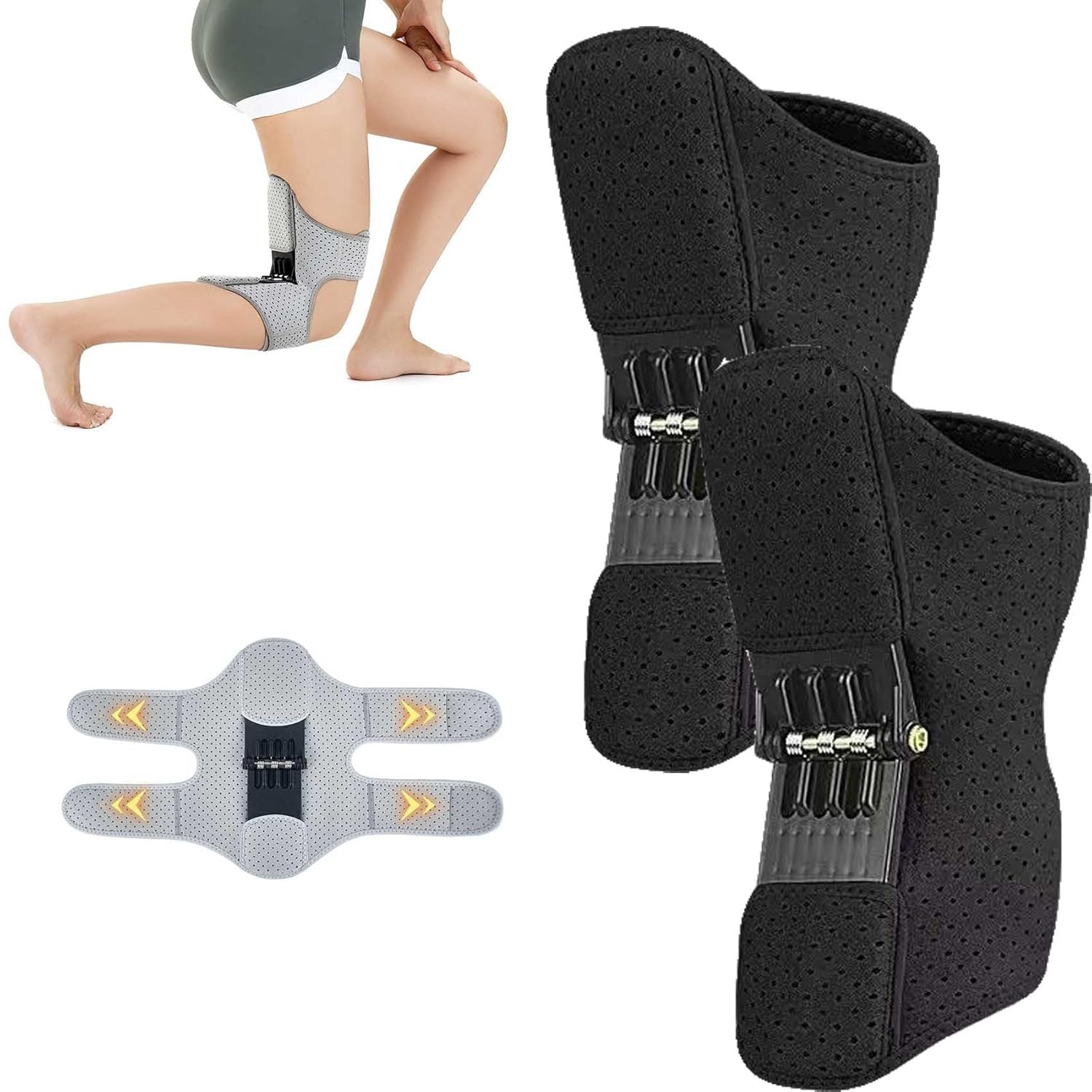 Knee Assistive Device, Knee Protection Booster, Kneebooster Brace Joint Support Spring Stabilizer, Adjustable Spring Loaded Kneebrace for Reduces Pressure on the Joint (Black, 1Pcs)