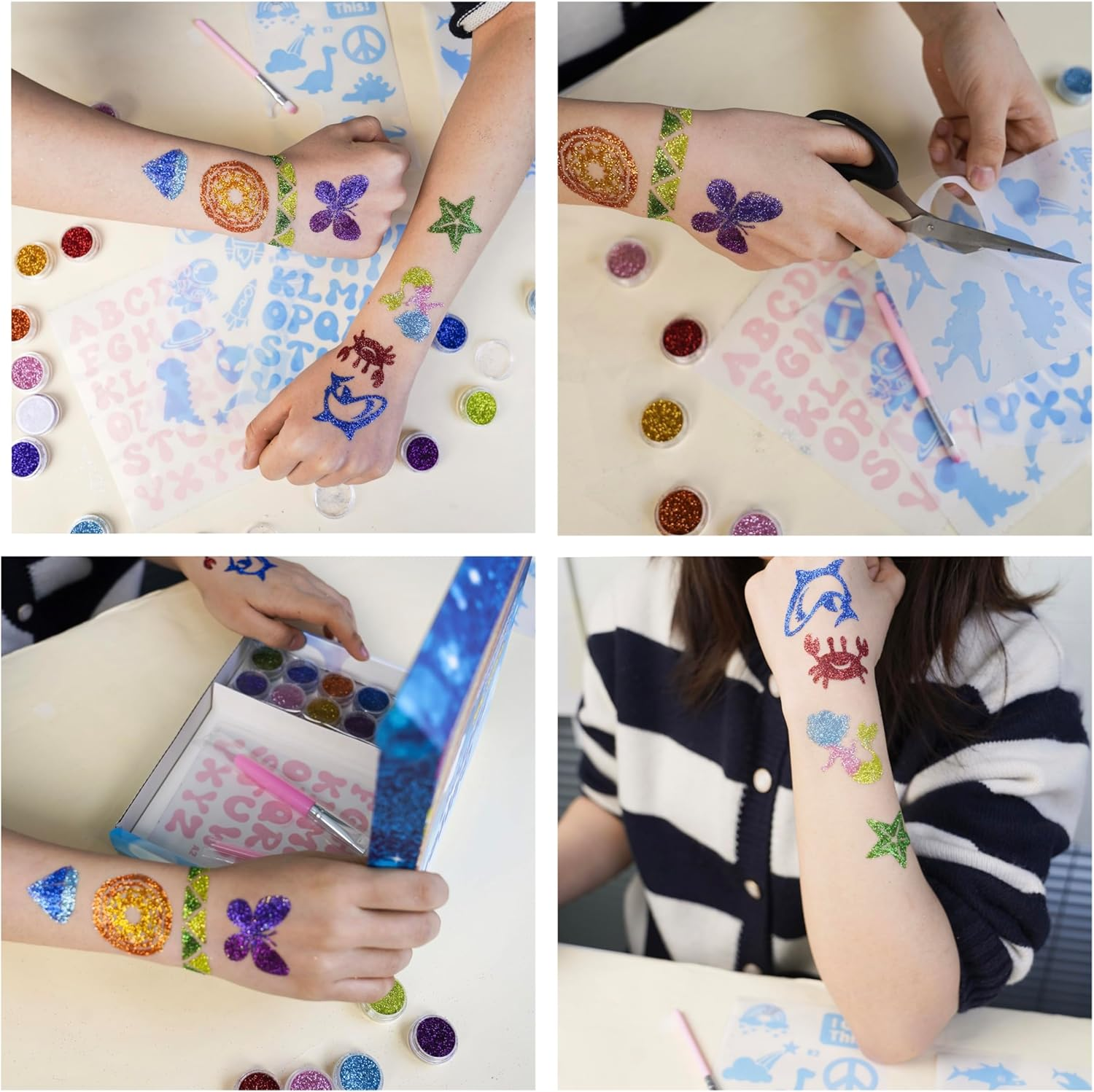 Temporary Glitter Tattoo Kit for Kids, 10 Colors, with 71 Stencils,2 Brushes, Body Glitter Make up Kit, for Cosplay, Birthday Party, Festival (BLUE)