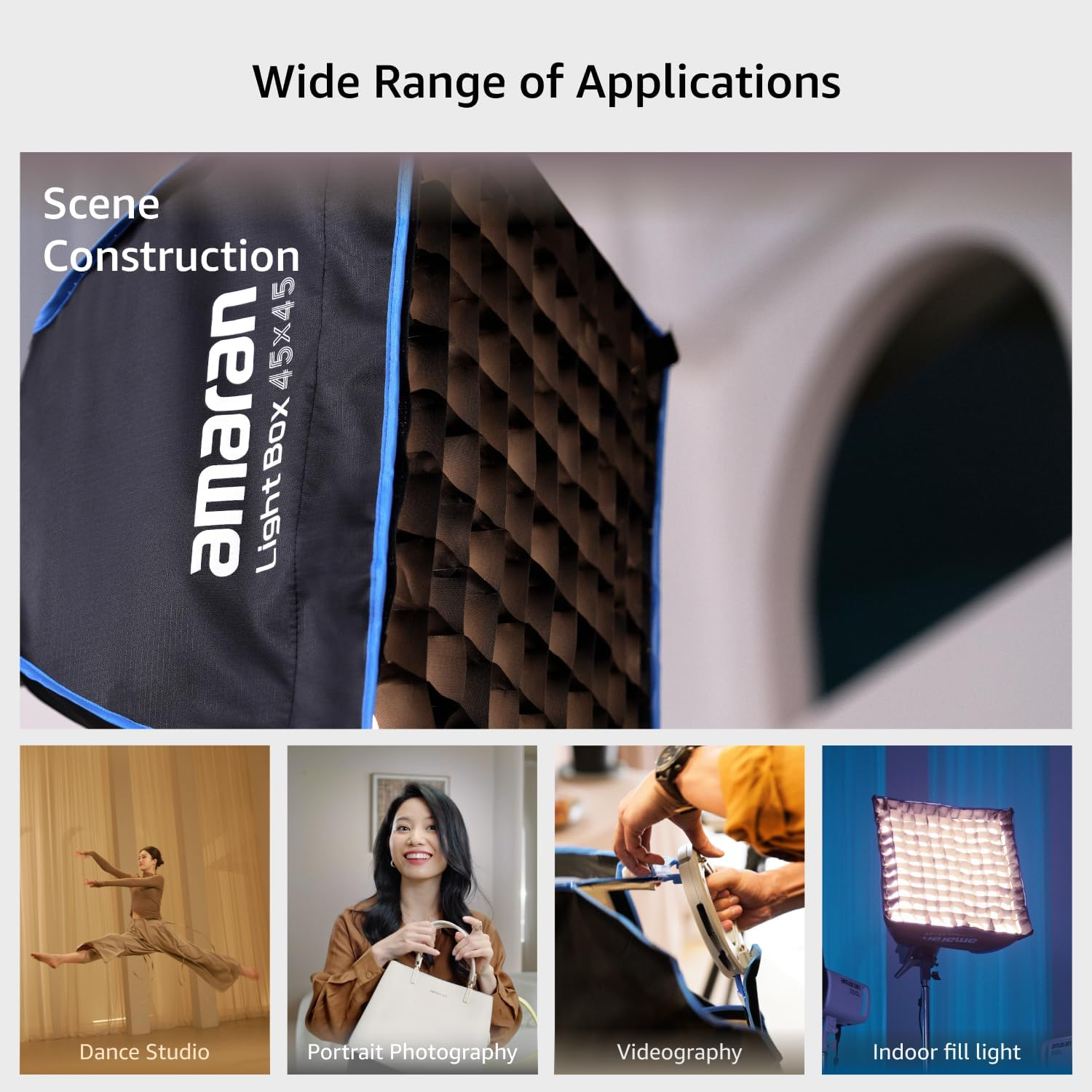 Amaran Light Box 45 X 45 Cm Foldable Bowens Mount Softbox 45 Cm, One-Snap Setup Square Light Modifier with Diffusion & Grid for Photo & Video, Portable & Lightweight with Carry Bag image number 3