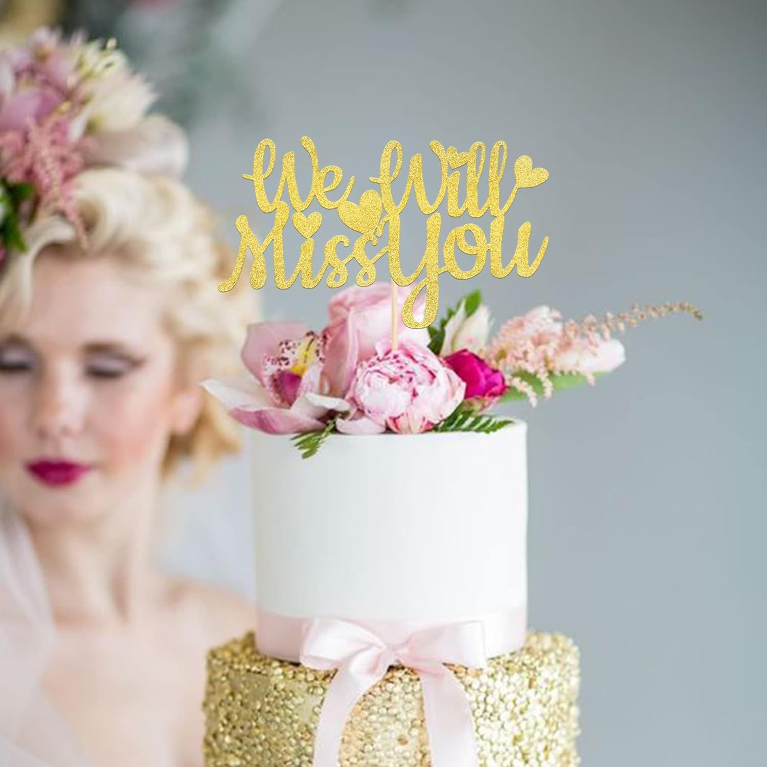 SYKYCTCY 1 Pack We Will Miss You Cake Topper Glitter Love Heart Good Luck Cake Pick Retirement Theme Going Away Party Cake Decorations Gold image number 4