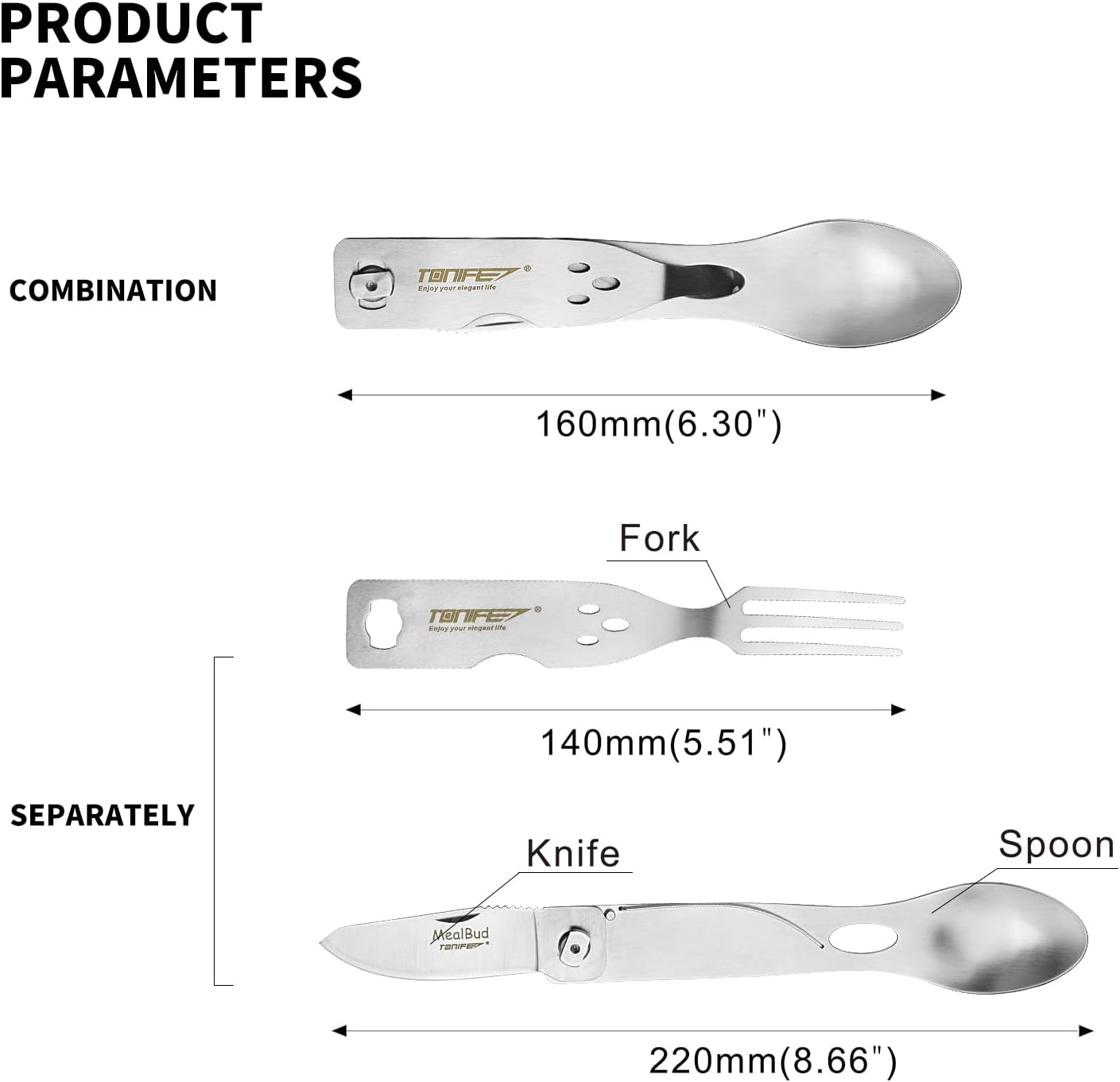 TONIFE Mealbud 3 in 1 Camping Cutlery Set Includes Knife, Fork and Spoon, Portable Camping Utensils with Nylon Storage Bag Stainless Steel Cutlery for Traveling and Camping image number 2