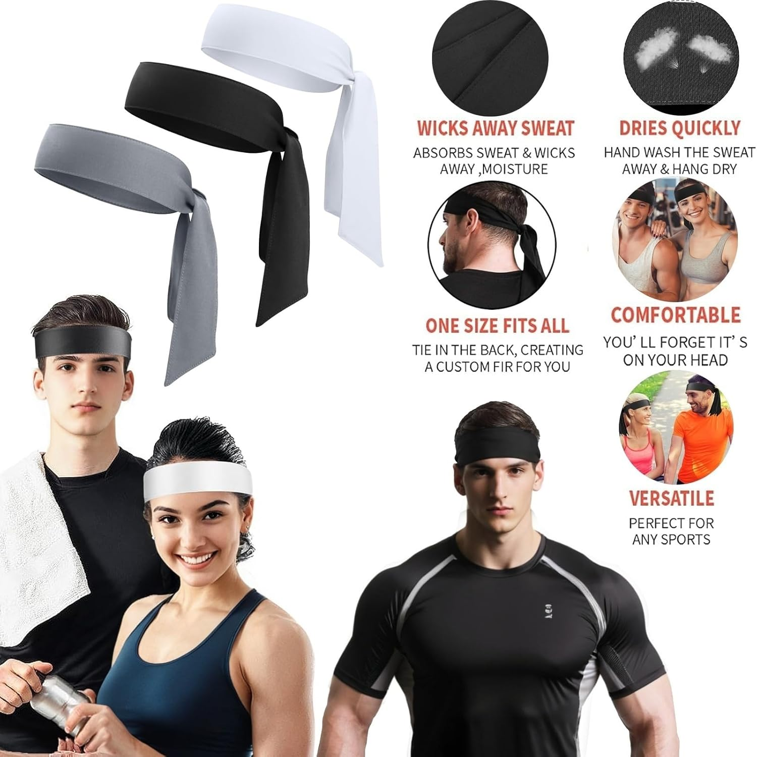 3 Pack Adjustable Sports Headbands for Men & Women - Sweat Absorption Tie Back Sweatbands for Basketball, Running, Tennis, and More image number 3