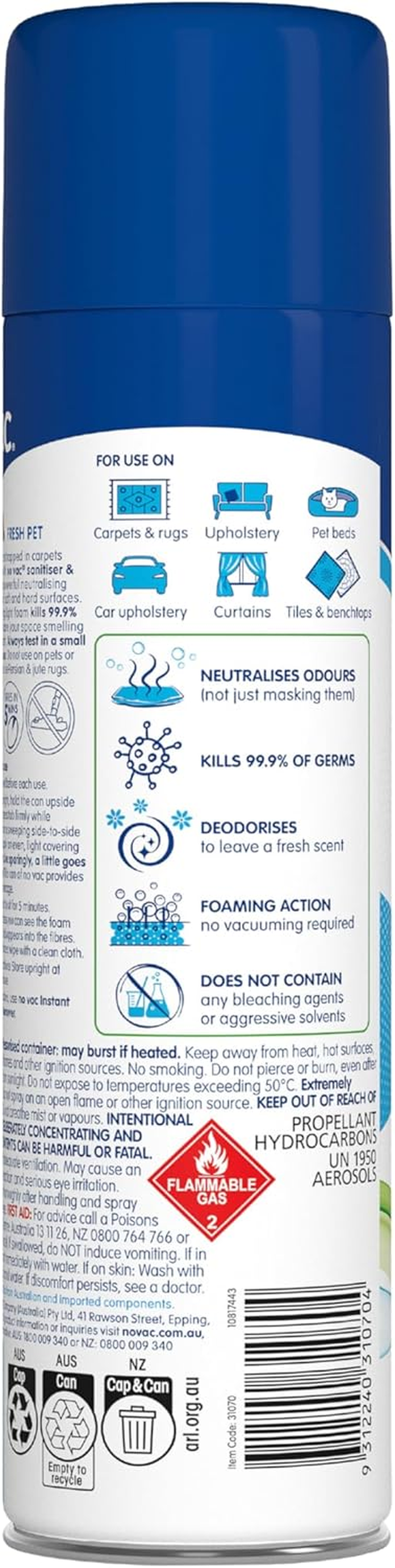 No Vac Fresh Pet Foaming Sanitiser and Deodoriser Spray 418 G image number 3