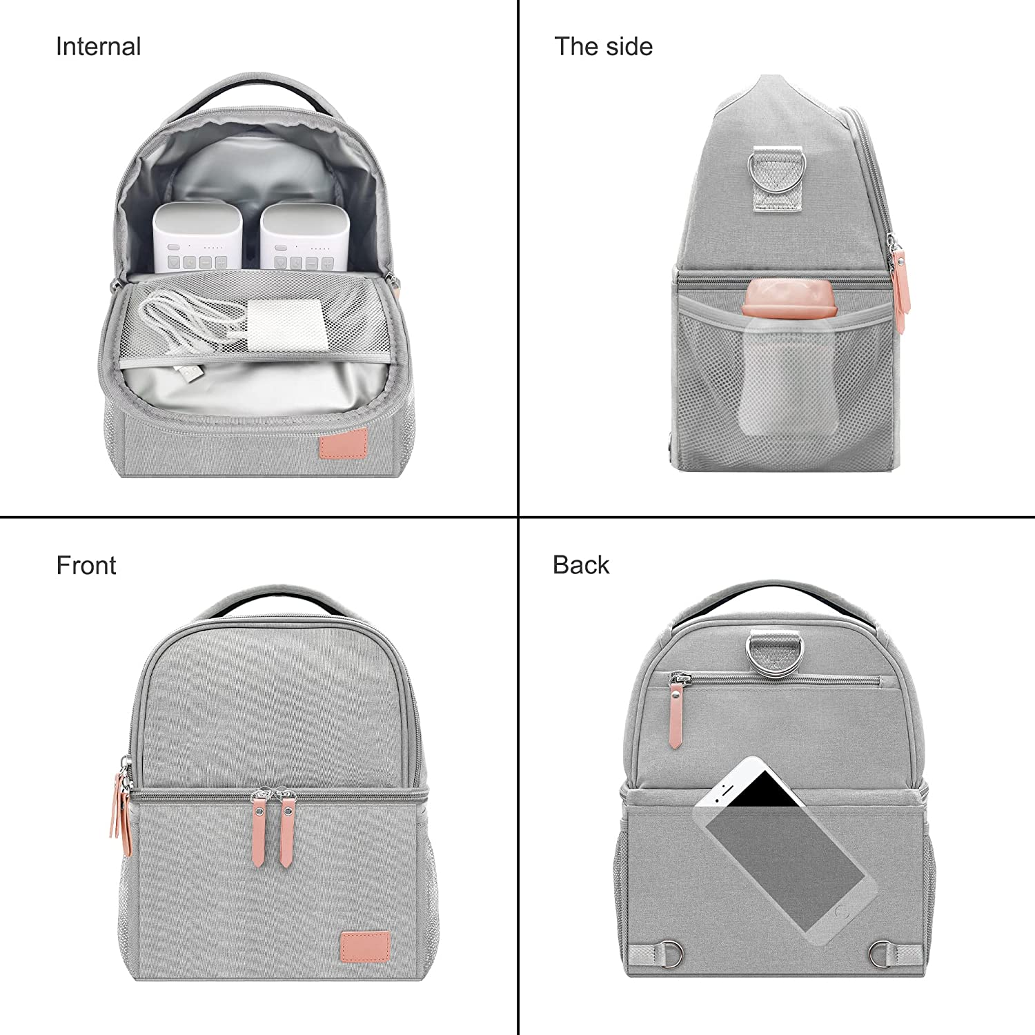 Breast Pump Bag for Hands-Free Wearable Breast Pumps、Bottles,Pump Parts, and Storage Bag，Adjustable Shoulder Strap,（Can Accommodate 2 Breast Pumps+6 180Ml Baby Bottles） Including 2Pcs Ice Grid(Grey) image number 2