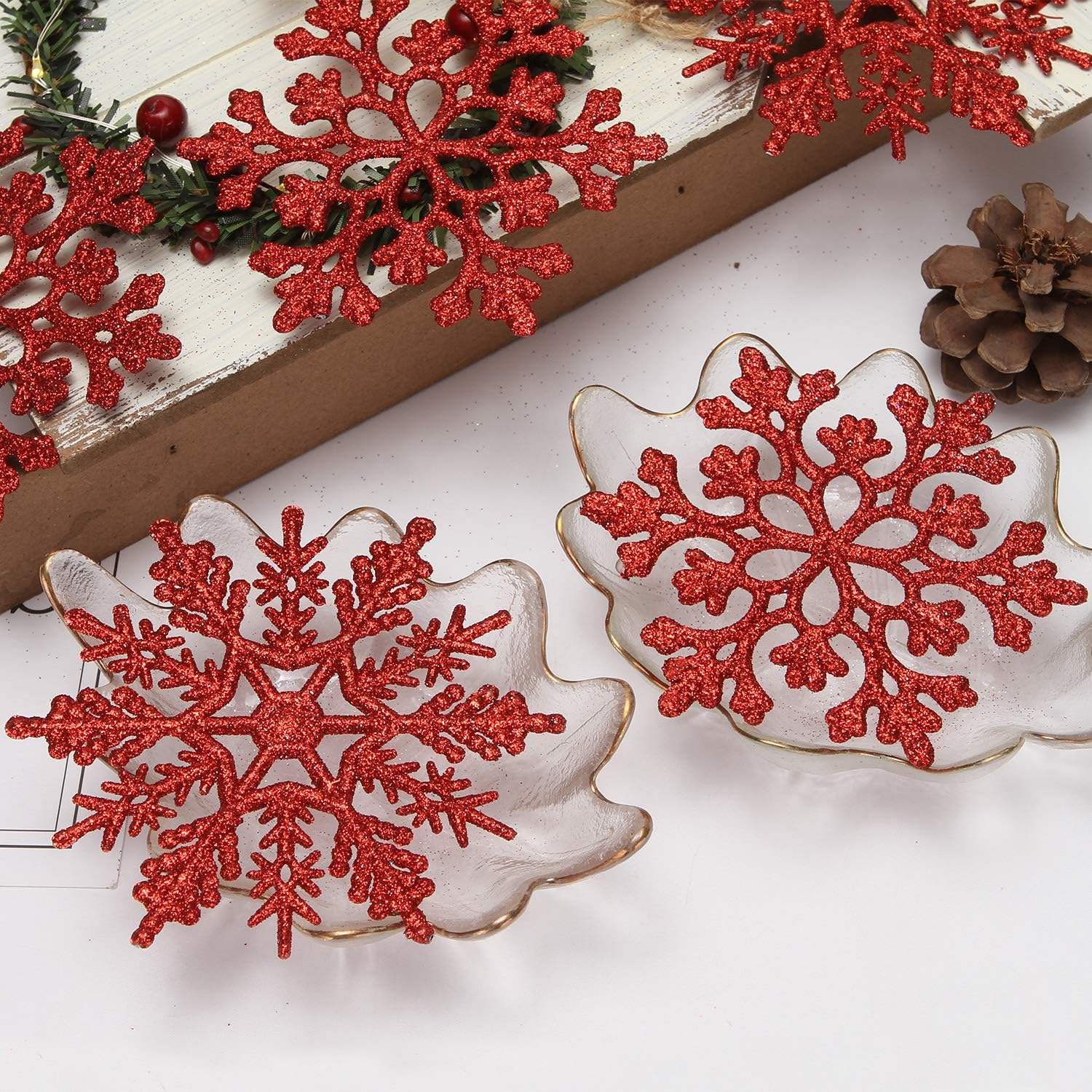 Sea Team Plastic Christmas Glitter Snowflake Ornaments Christmas Tree Decorations, 4-Inch, Set of 36, Red image number 6