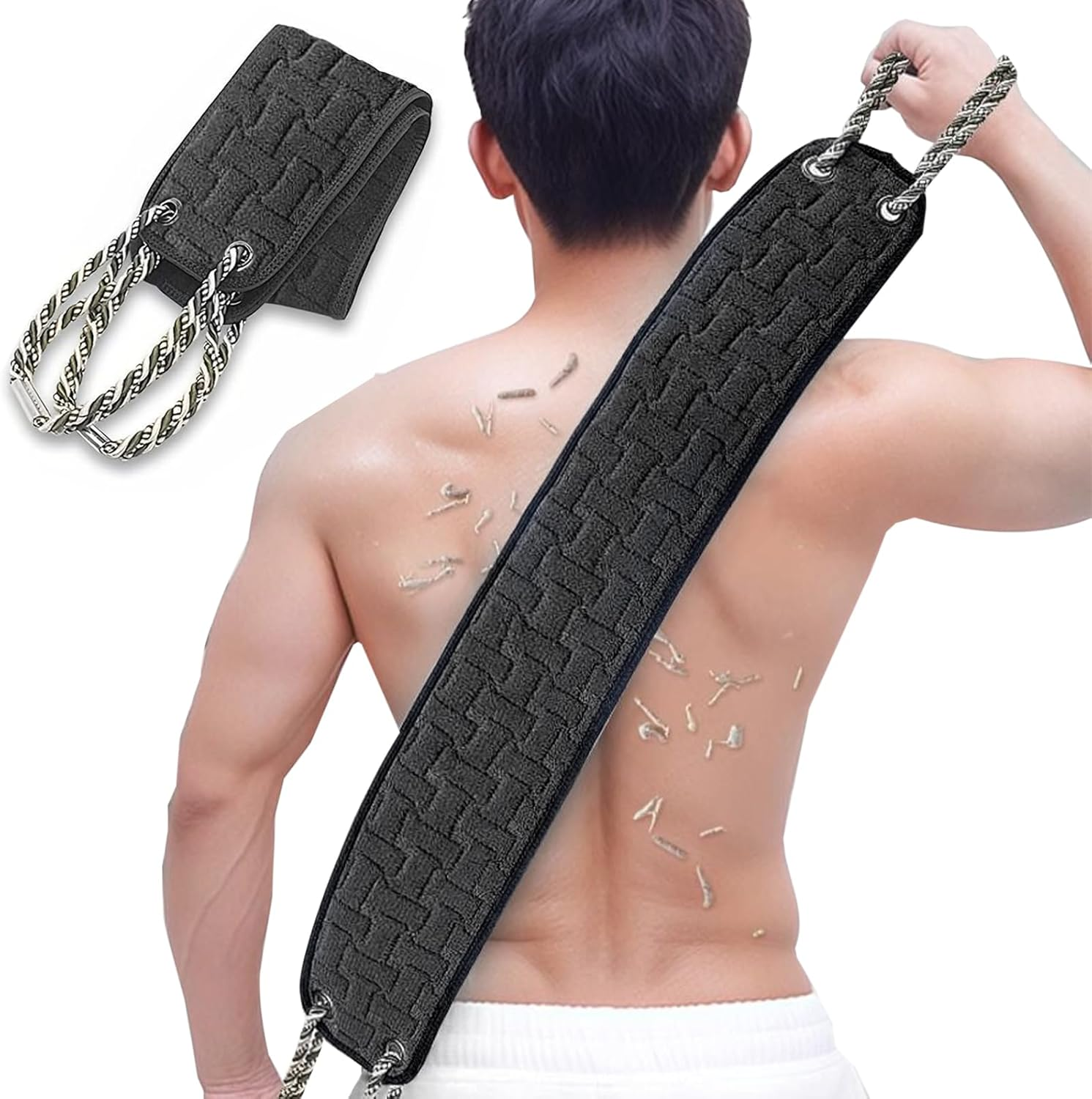 Exfoliating Back Scrubber for Shower,100Cm Double-Sided Bath Scrubber with Handles, Deep Cleaning Body Washcloth for Men & Women, Long Handle Exfoliator for Smooth Skin, Soft & Durable (Black)