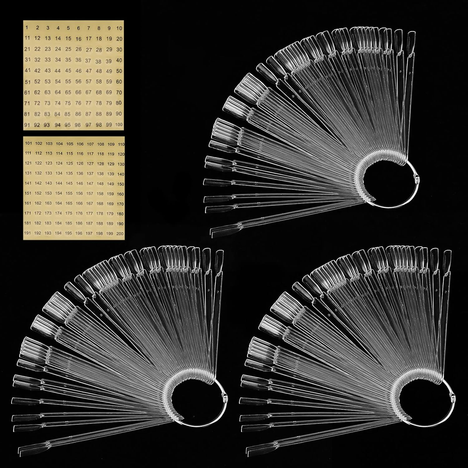 MUKLEI 150 PCS Clear Nail Swatch Sticks with Ring, Transparent Nail Simple Sticks Fan Shape Nail Art Display Tips for Display, Practice, DIY and Collection, 200 Number Labels Included image number 5