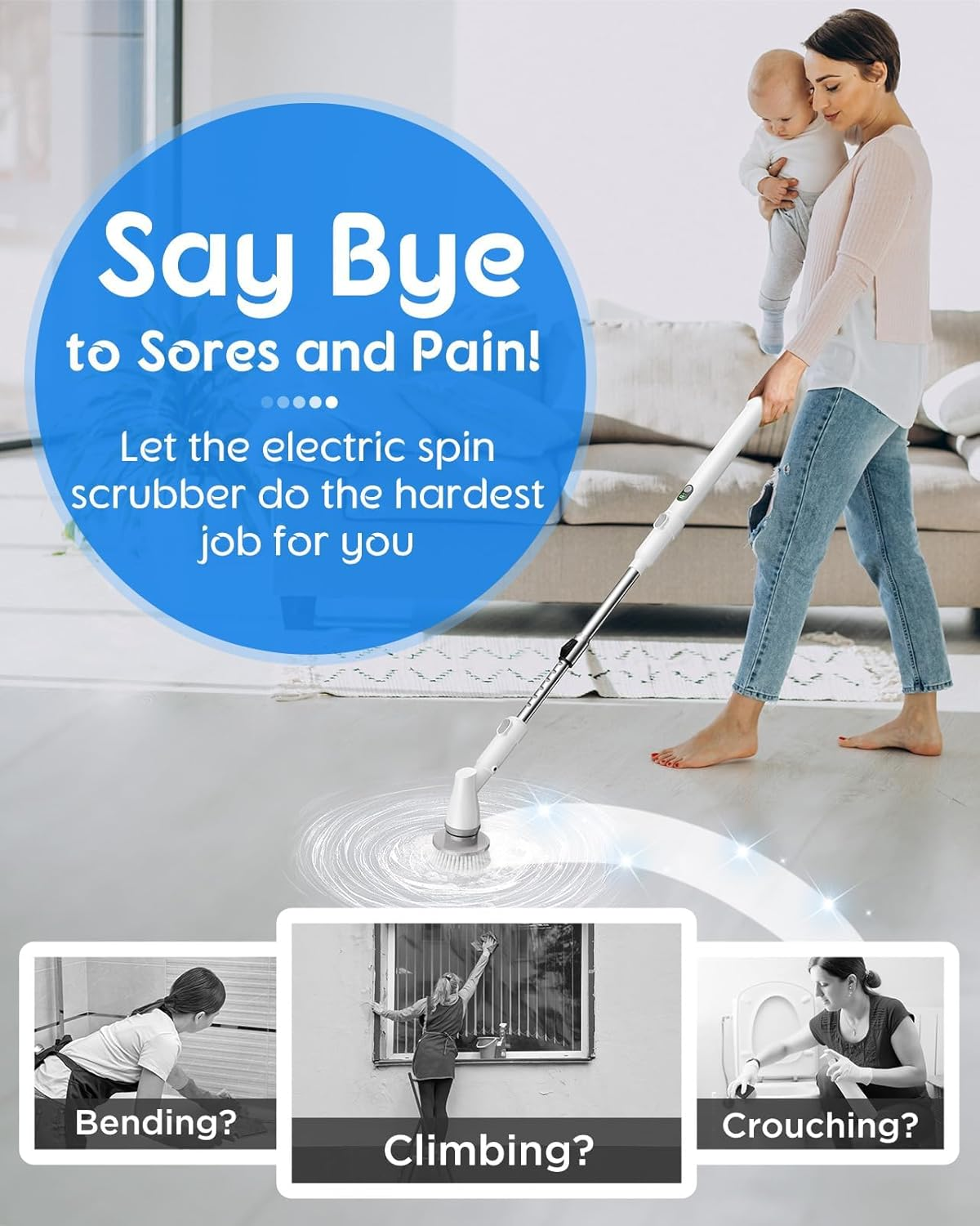 Electric Spin Scrubber with Battery Power Display, Fast-Charging Cordless Shower Scrubber with Long Handle, 4 Replaceable Brush Head, 1.5H & 2 Speeds Electric Scrubber (White) image number 1