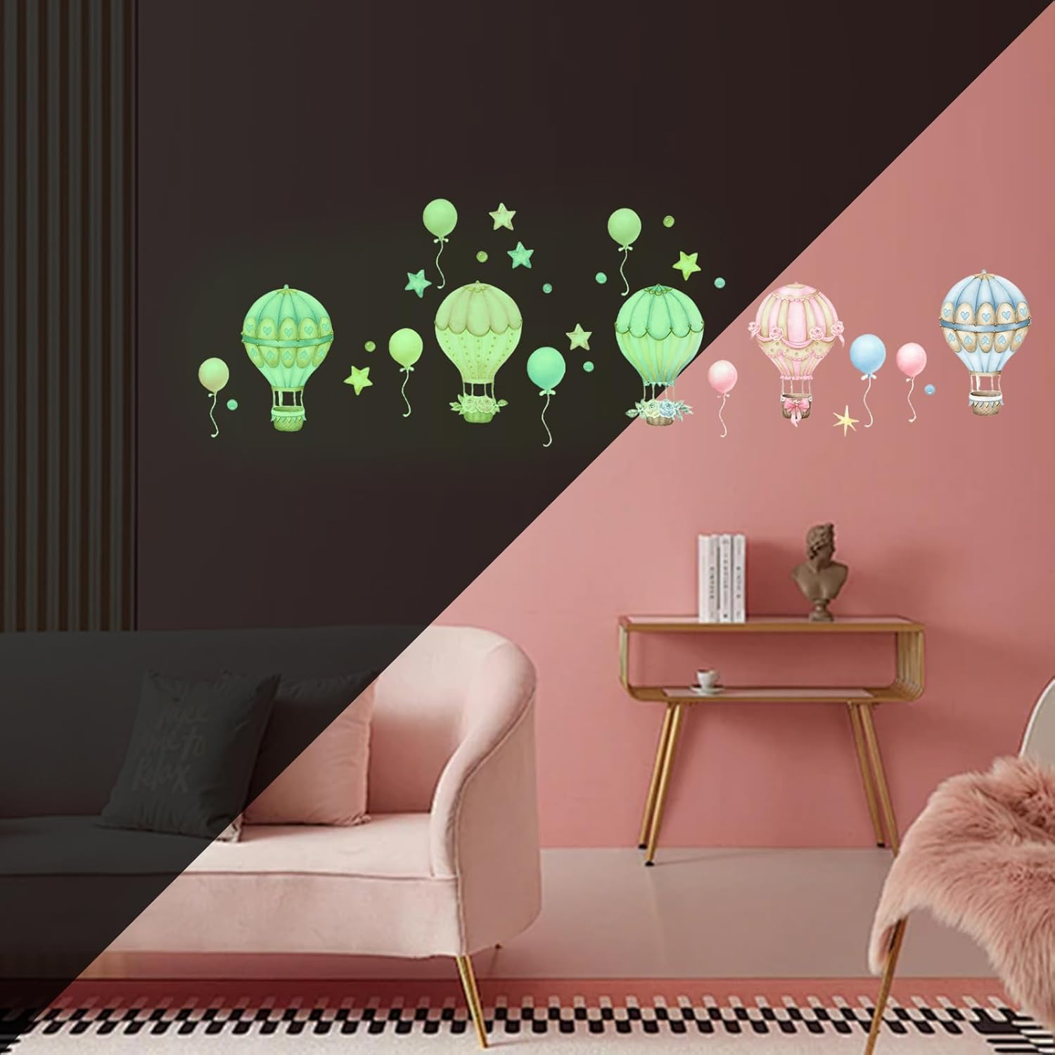 Sgphrzlt 2 PCS Glow in the Dark Hot Air Balloon Nursery Decor Stickers, Vinyl Peel and Stick Wall Decals, Removable Colorful Art Stars Artwork Decoration for Girls Boys Bedroom Playroom Ceiling image number 2