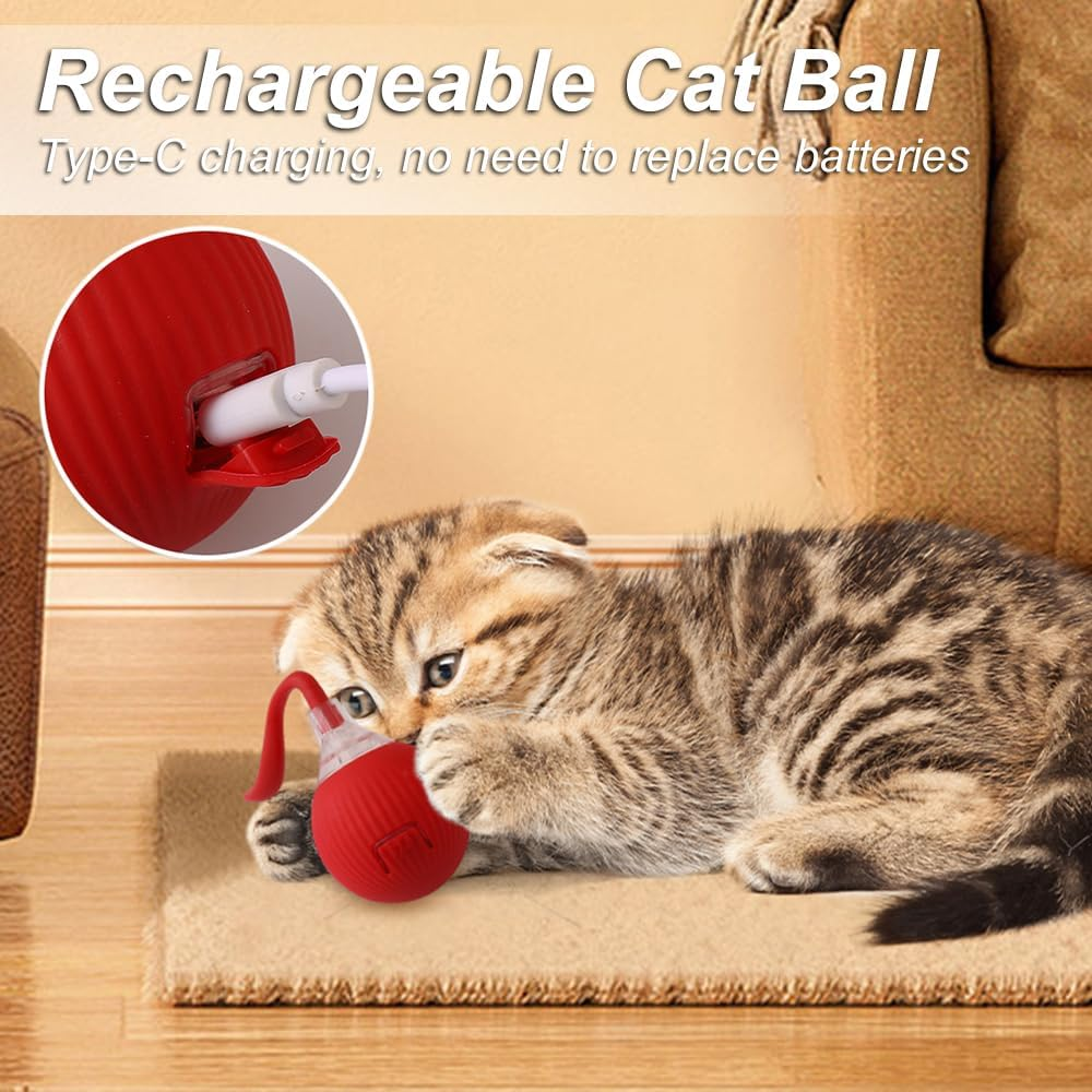 Interactive Cat Ball Toy for Indoor Cats, Smart Cat Toys Ball for Bored Cats, Motion Activated Automatic Cat Toy Ball, 360&iexcl;&Atilde;rotation with LED Light, USB Rechargeable Cat Toys, Red image number 6