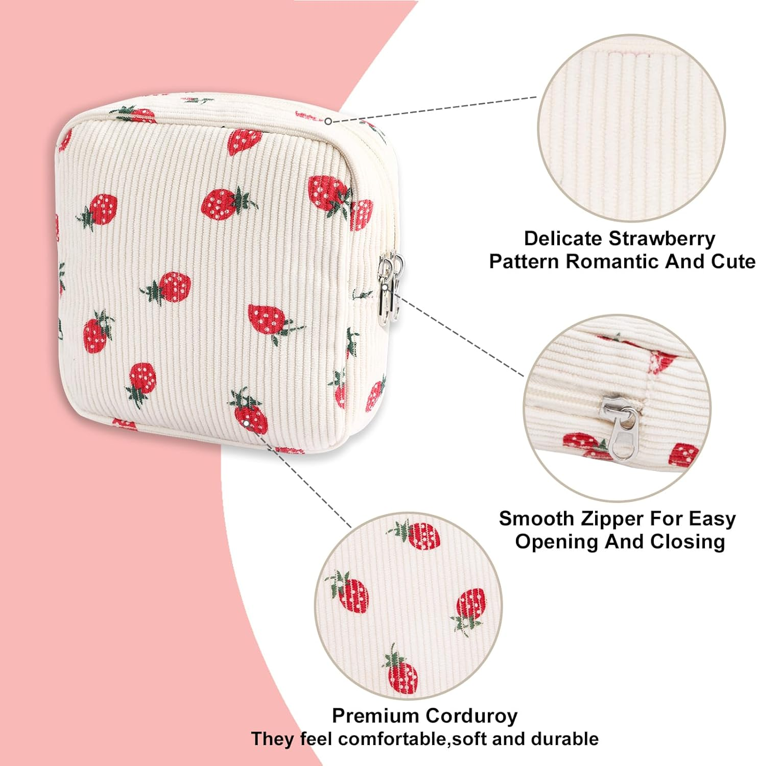 Long Keeper Cosmetic Bag, Small Mini Make-Up Bag, Women'S Corduroy Make-Up Bag, Toiletry Bag, Travel Essentials with Compartments, Travel Makeup, Strawberry, Portable Cosmetic Bag