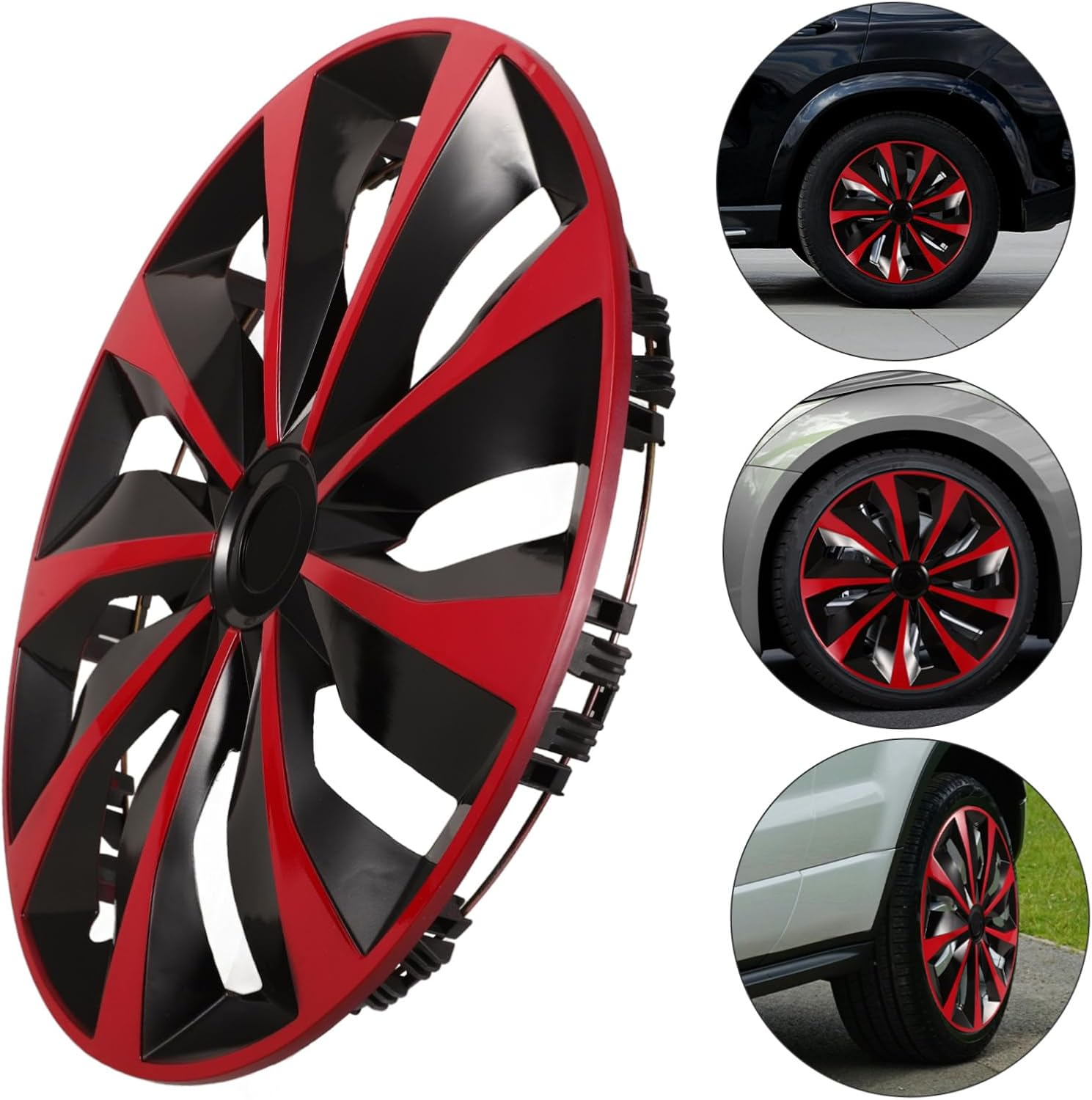 ASAKKURA Universal 14-Inch Black and Red Automotive Wheel Hub Covers Hubcaps Replacement for Cars and Trucks Sturdy Steel Car Hub Caps