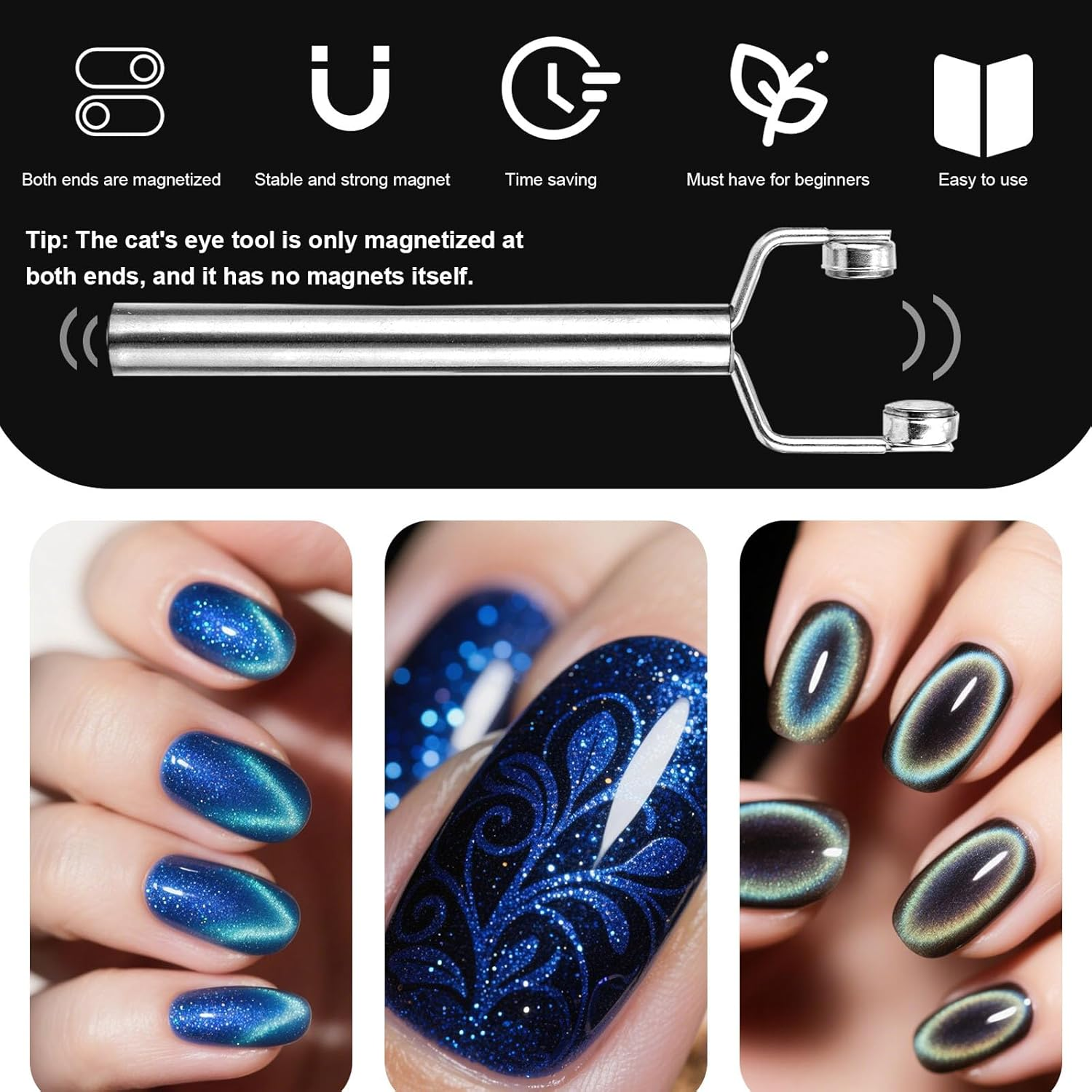 3 in 1 Cat Eye Magnet for Nails, Nail Design Tool Y-Shaped Double Head Stainless Steel Magnetic Fingernail Cateye Magnets Gel Polish Accessories for Home DIY Salon Studio Art (Silver) image number 2