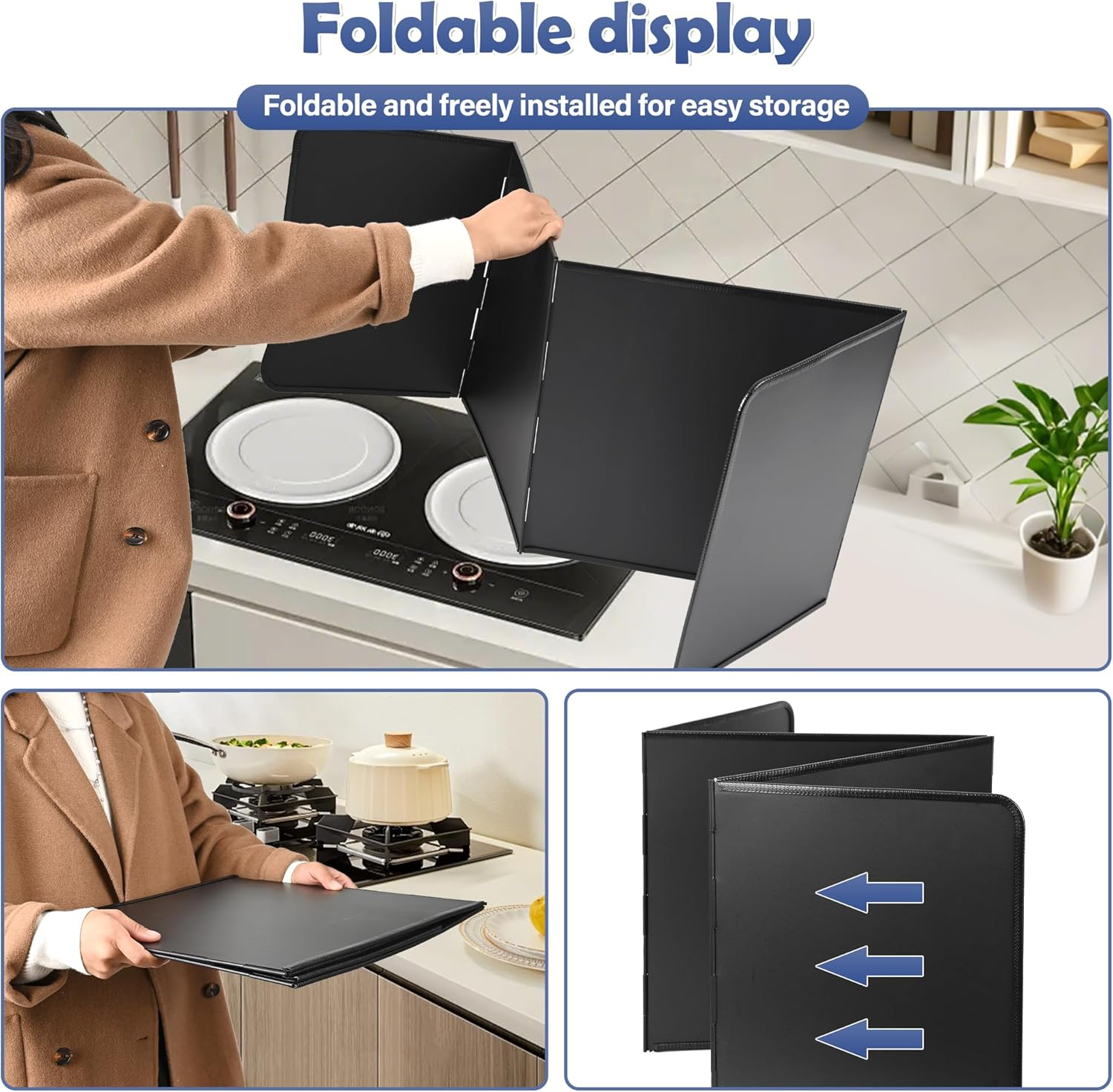 Foldable anti Splatter Shield Guard, Grease Splatter Screen Oil Gas Barrier, 40Cm Height 4 Sided Splatter Guard, Heat Insulation Kitchen Utensils, Splashproof Baffle for Kitchen Cooking Black - Black image number 3