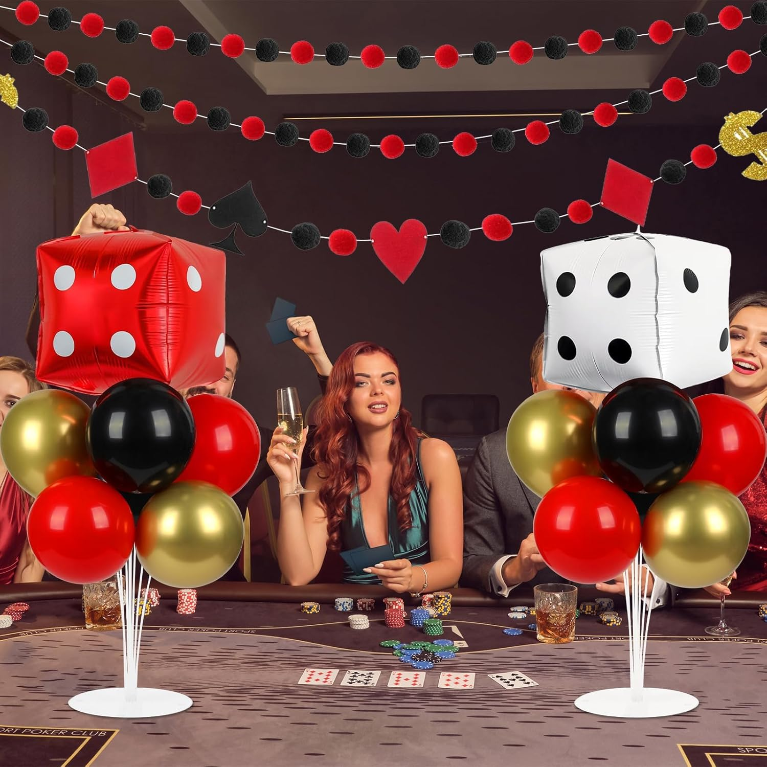 Naozinebi 2 Set Casino Theme Party Balloons Stand Kit with 2 Dice Foil Balloons, Black, Red, White & Gold, Casino Night Party Decoration for Adults, Unisex