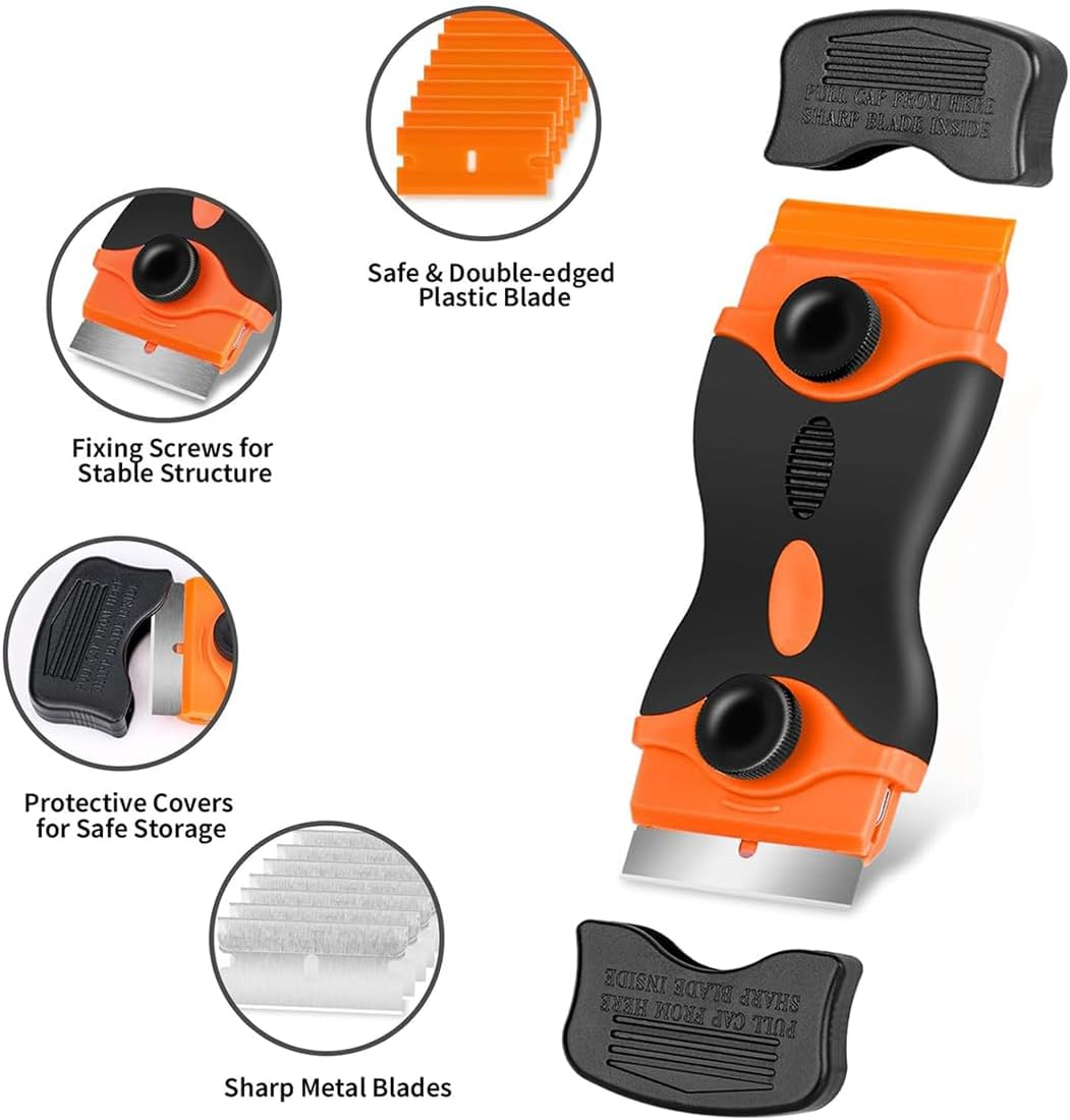 2 Pack Multi-Purpose Cleaning Razor Scraper, 2-In-1 Scraper Tool with 10Pcs Plastic Blades and 10Pcs Metal Blades for Scraping Labels, Decals, Stickers, Paint from Glass, Stovetop, Subfloor image number 1