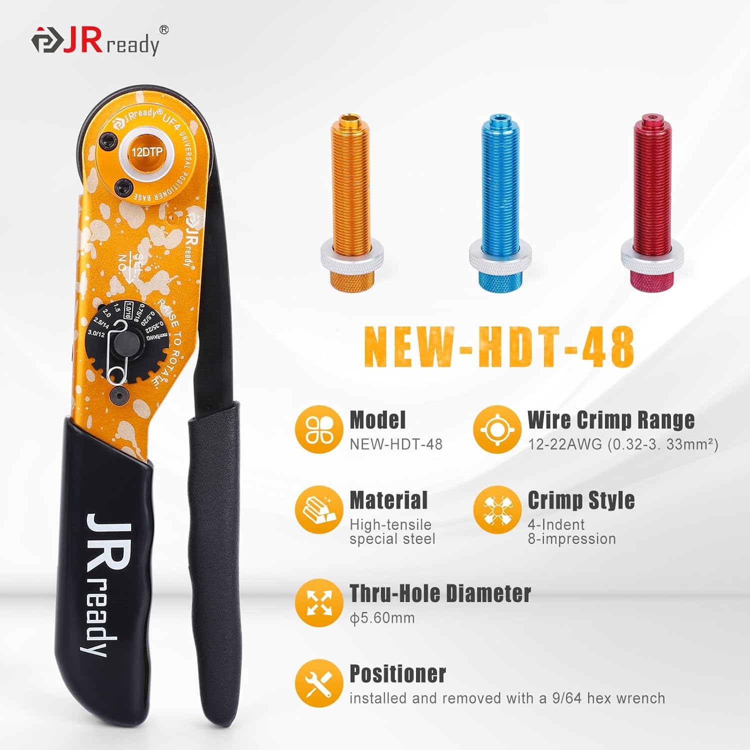 Jrready ST2192 NEW-HDT-48 Deutsch Crimper for DT DTM DTP Connectors, Size 20, 16, 12 Solid Contacts Deutsch Crimp Tool Wire Range 12-22Awg,Equivalent to HDT-48-00 image number 1