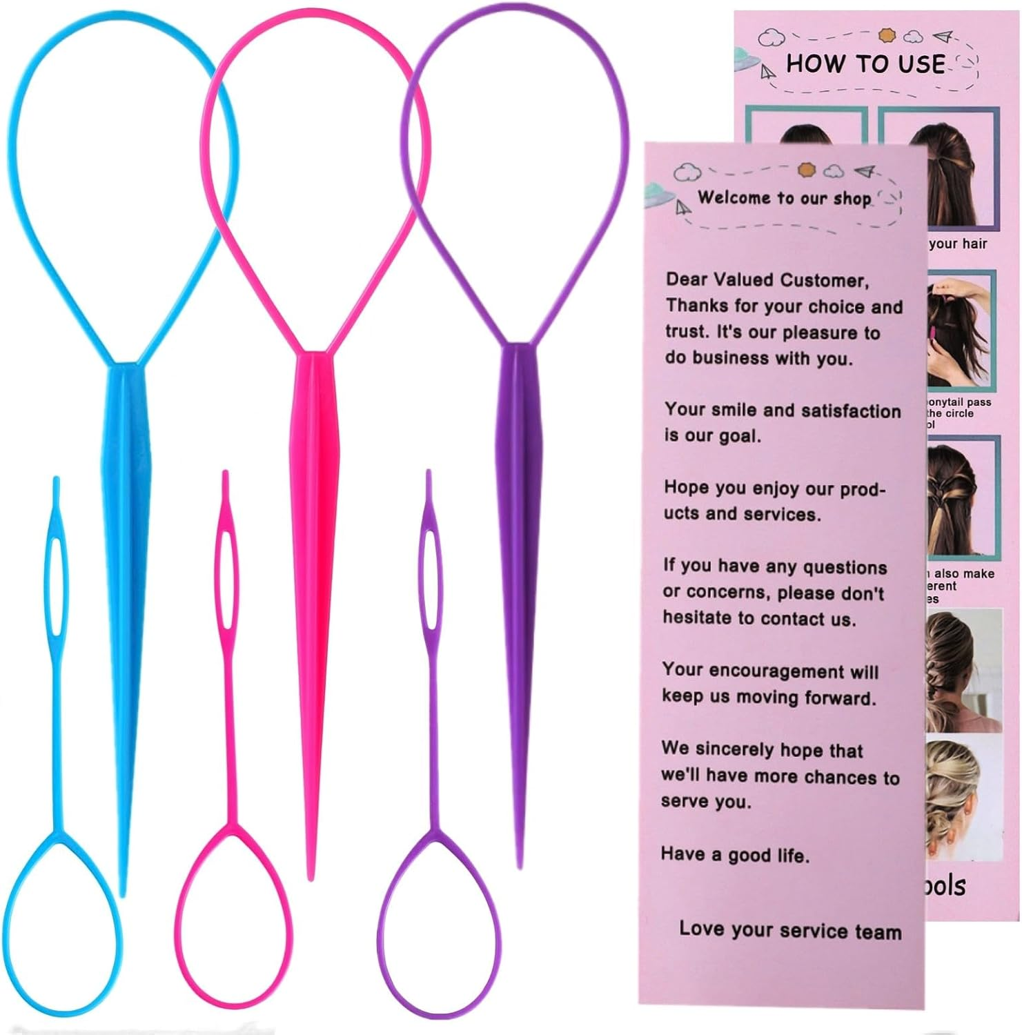 Aigee 6Pcs Topsy Tail and Hair Loop Styling Tool Set - Ponytail Makers, French Braid Loops in Large and Small, Hair Pull through Tools (Pink, Blue, Purple) for Women and Girls