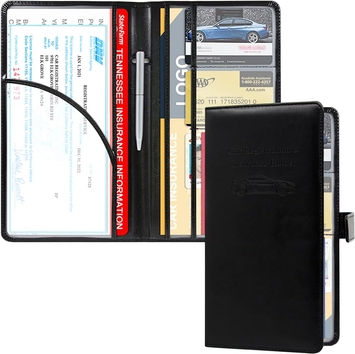 Rsaquar Car Registration & Insurance Holder, Glove Box Organizer for ID, Driver'S License Cards & Essential Documents, Men & Women, AAA Glitter Black, Large, Bling