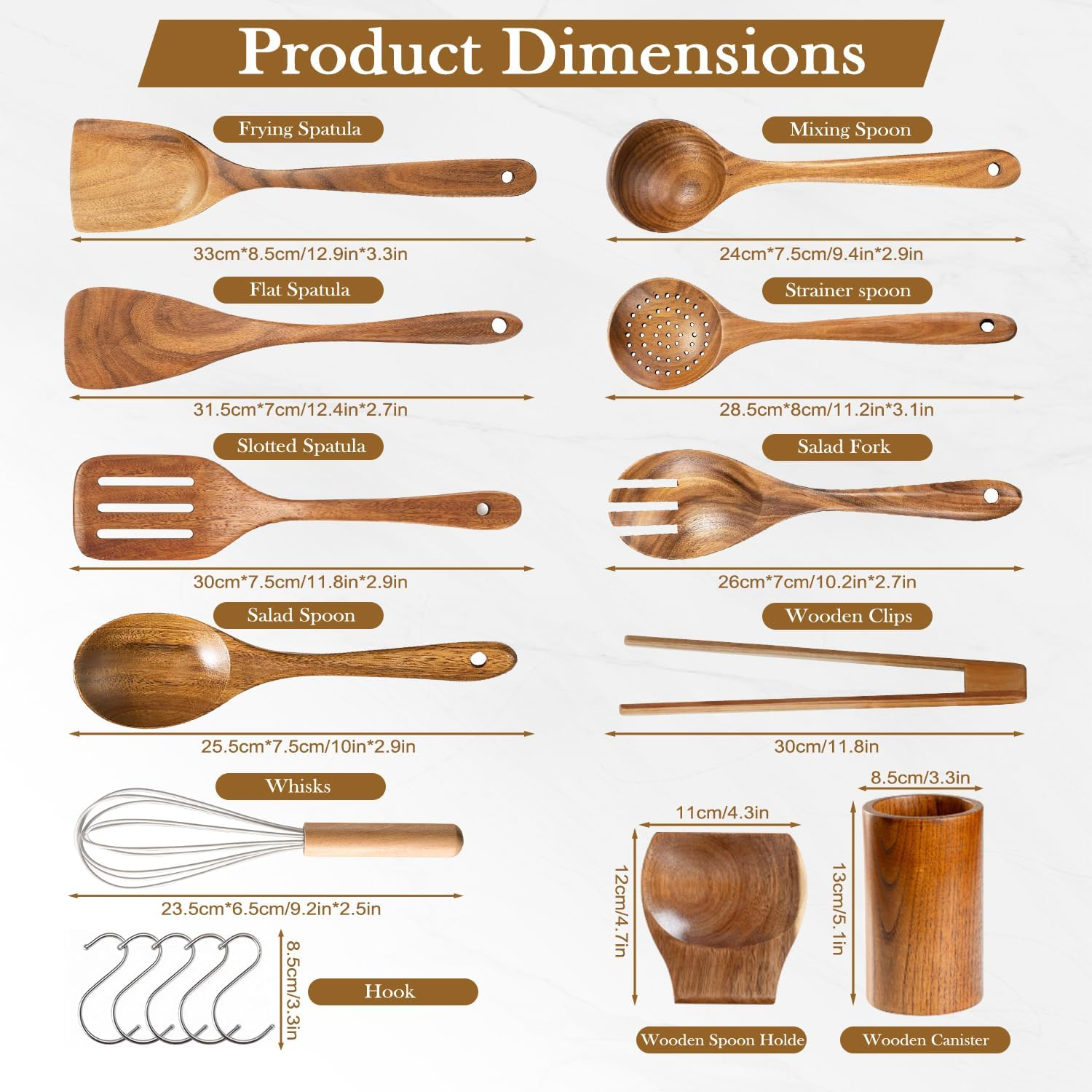 WEKUBA 11 Piece Kitchen Utensil Set, Natural Teak Kitchen Wooden Utensils for Cooking, Wood Utensil Natural Teak Wood Spoons for Cooking,Wooden Utensil Set with Spatula and Ladle image number 2