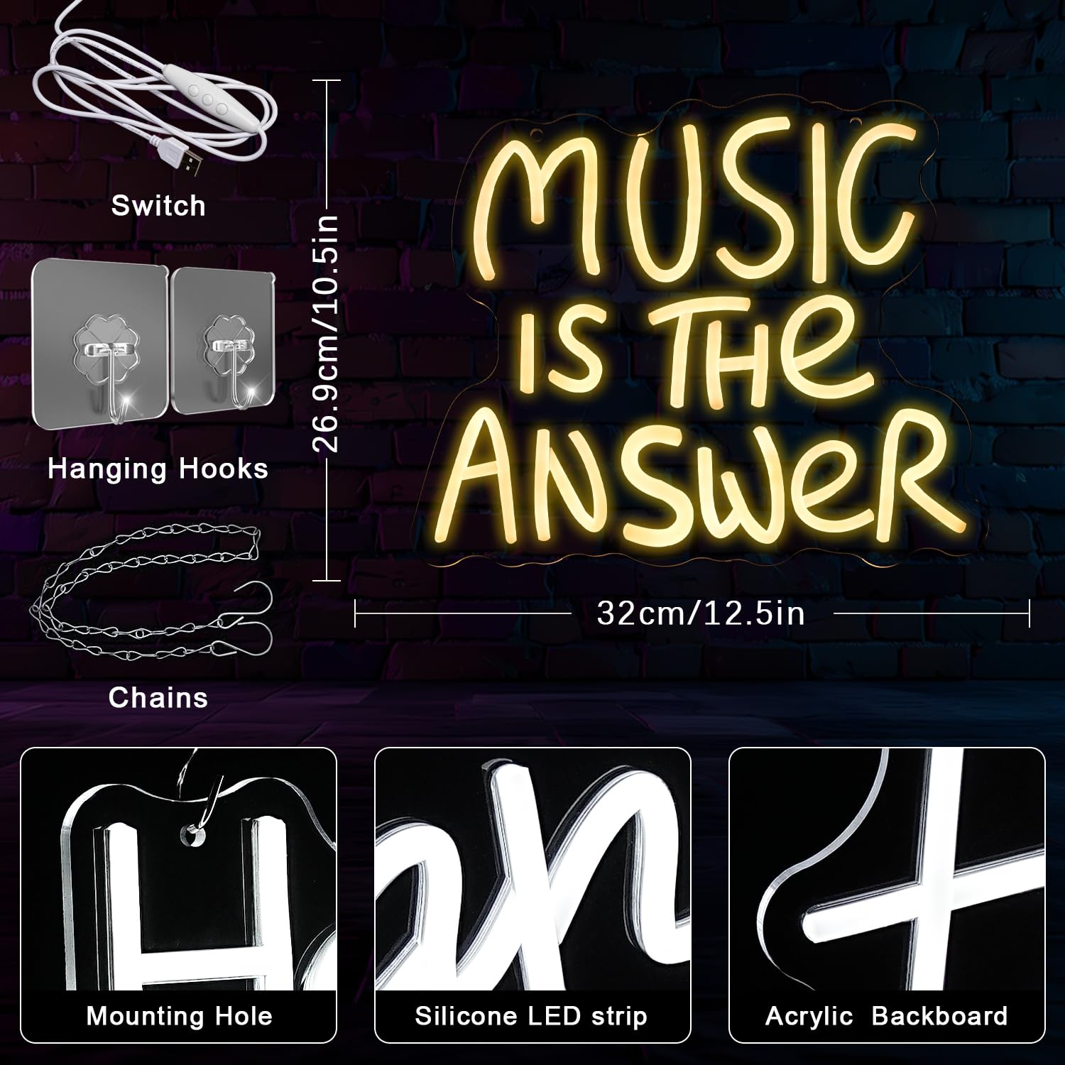 LMSIGNLY Music Is the Answer Neon Sign for Wall Decoration Warm White Neon Light Live Music LED Sign Music LED Letters for Studio Concert Bar Bedroom Party image number 6