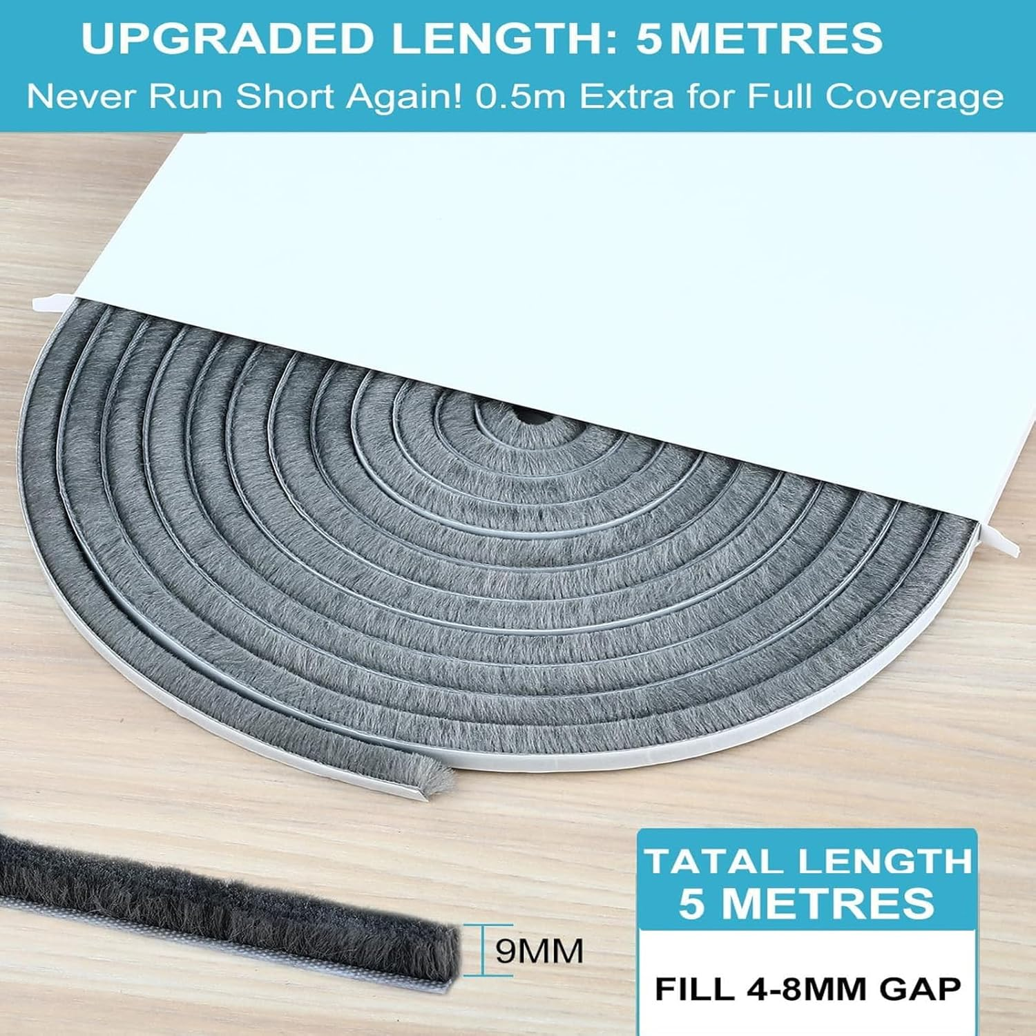 Draft Excluder for Doors, Window Seal Strip, 5M Adhesive Draught Stopper, Draught Excluder for Door, Window, Wardrobe - High-Density Felt - 9Mm(W) * 9Mm(H)（Grey） image number 2