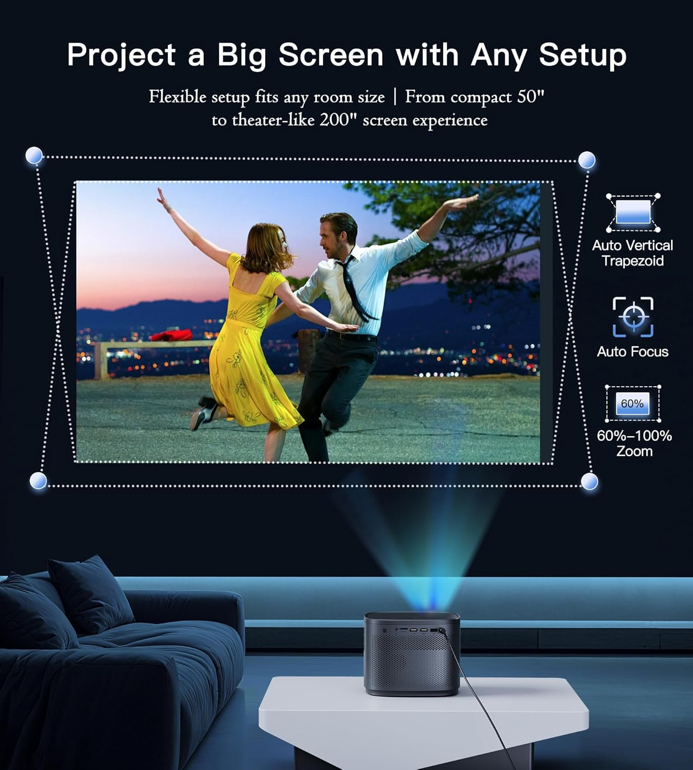 Mini Projector 1080P HD,4K Supported Portable Movie Projector-200&rdquo; Display,Built-In Speaker, Auto Keystone,Auto Focus,Compatible with Smartphone/Tablet/Laptop/Hdmi/Usb-Ideal for Outdoor & Home Theater image number 4