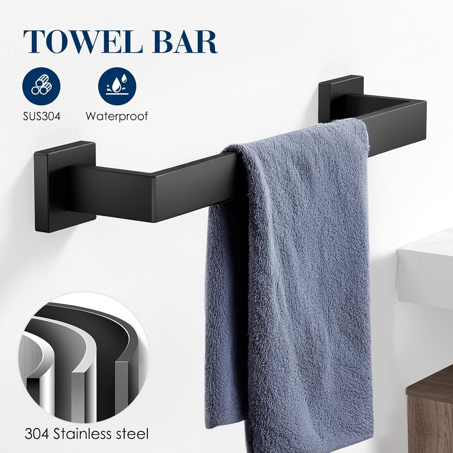 Towel Racks for Bathroom, 7 Pieces SUS304 Matte Black Bathroom Accessory Set, Stainless Steel Black Bathroom Accessories, Stainless Steel Wall Mounted, Bath Towel Bar Set image number 3