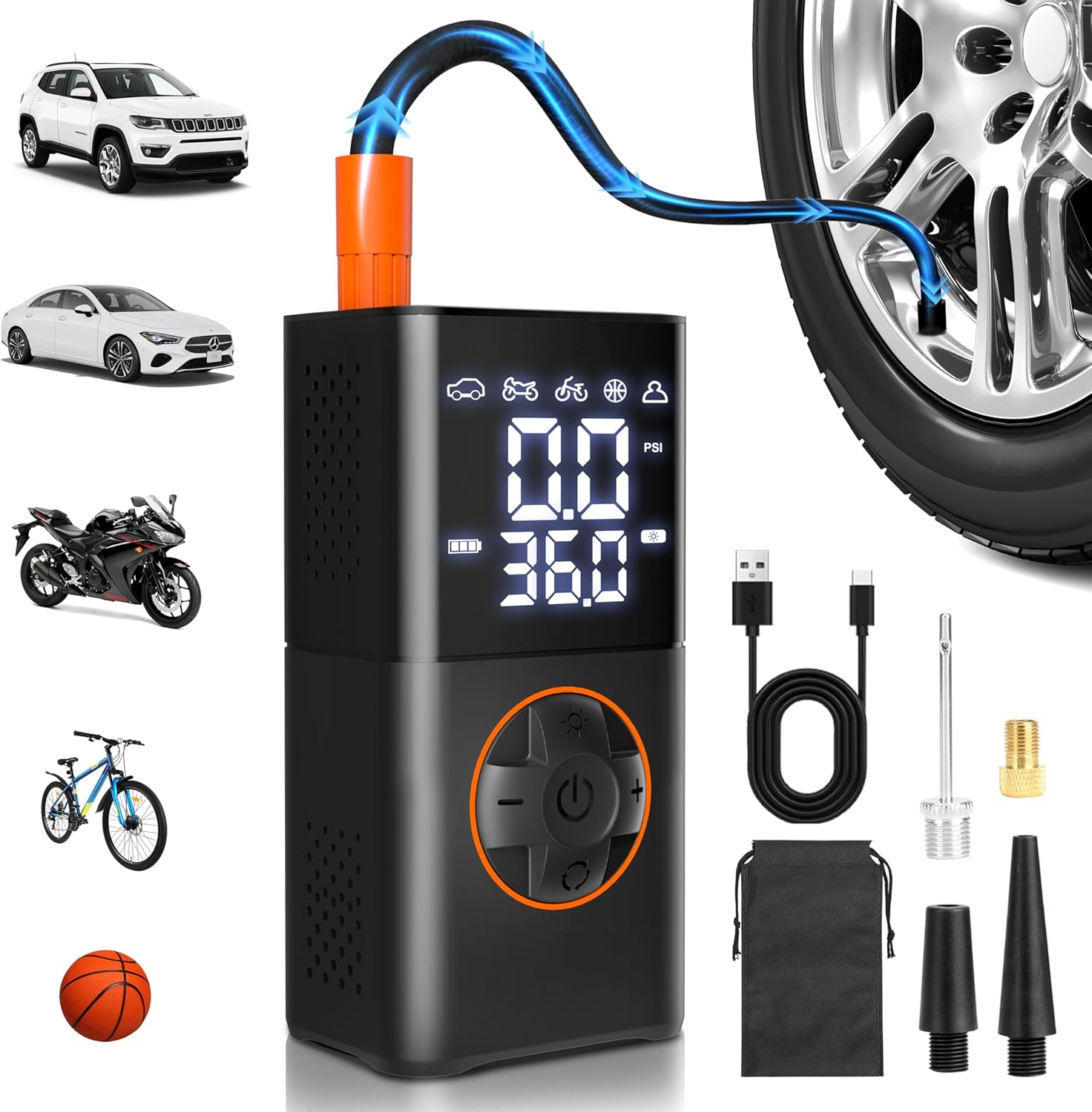 Mxcasoxz Tire Inflator Portable Air Compressor,Cordless Bike Pump with Digital Dual Values Display/Led Lights/Storage Pouch/Auto Shut-Off Function, 150 PSI Air Pump for Cars, Motorcycles, Bikes, Balls