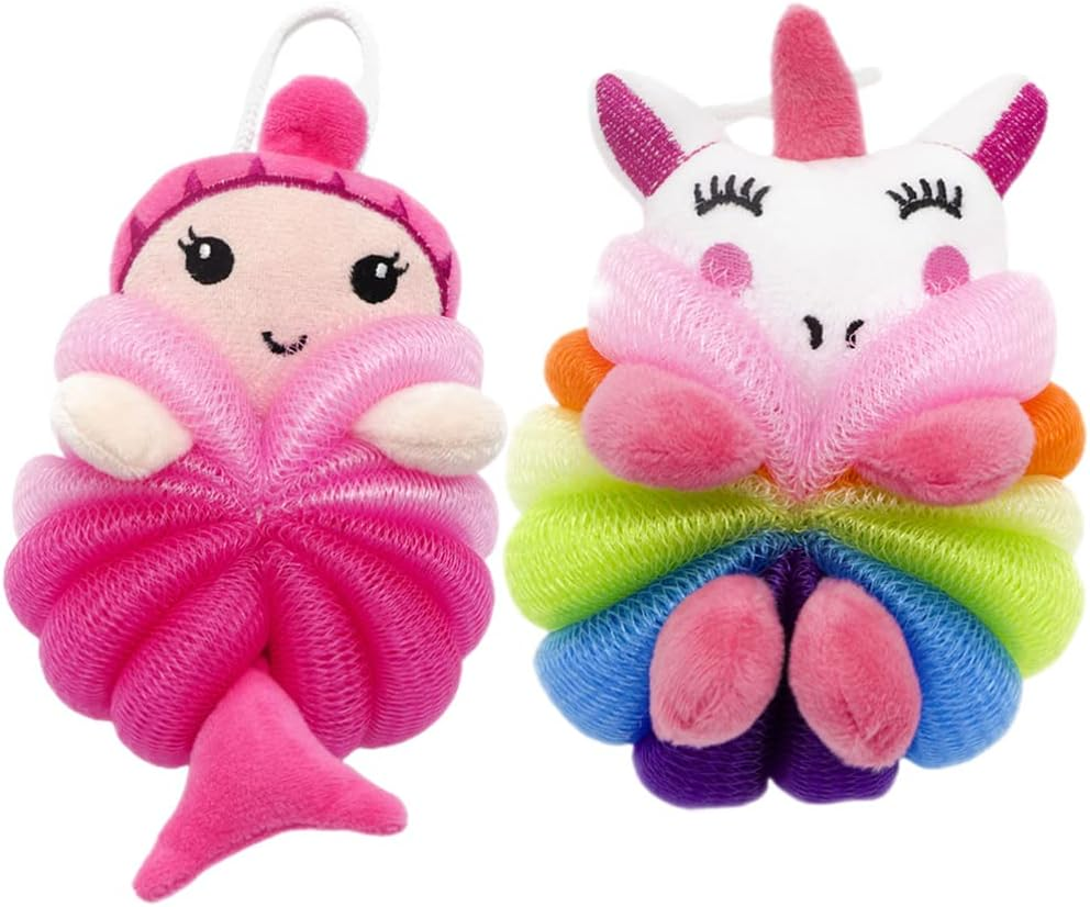 Toddmomy Kids Bath Sponge 2Pcs Kids Loofah Animal Bath Loofahs Mermaid Cartoon Shower Loofahs Cute Bath Sponges Pouf Body Scrubbers Shower Loufah Sponge image number 3