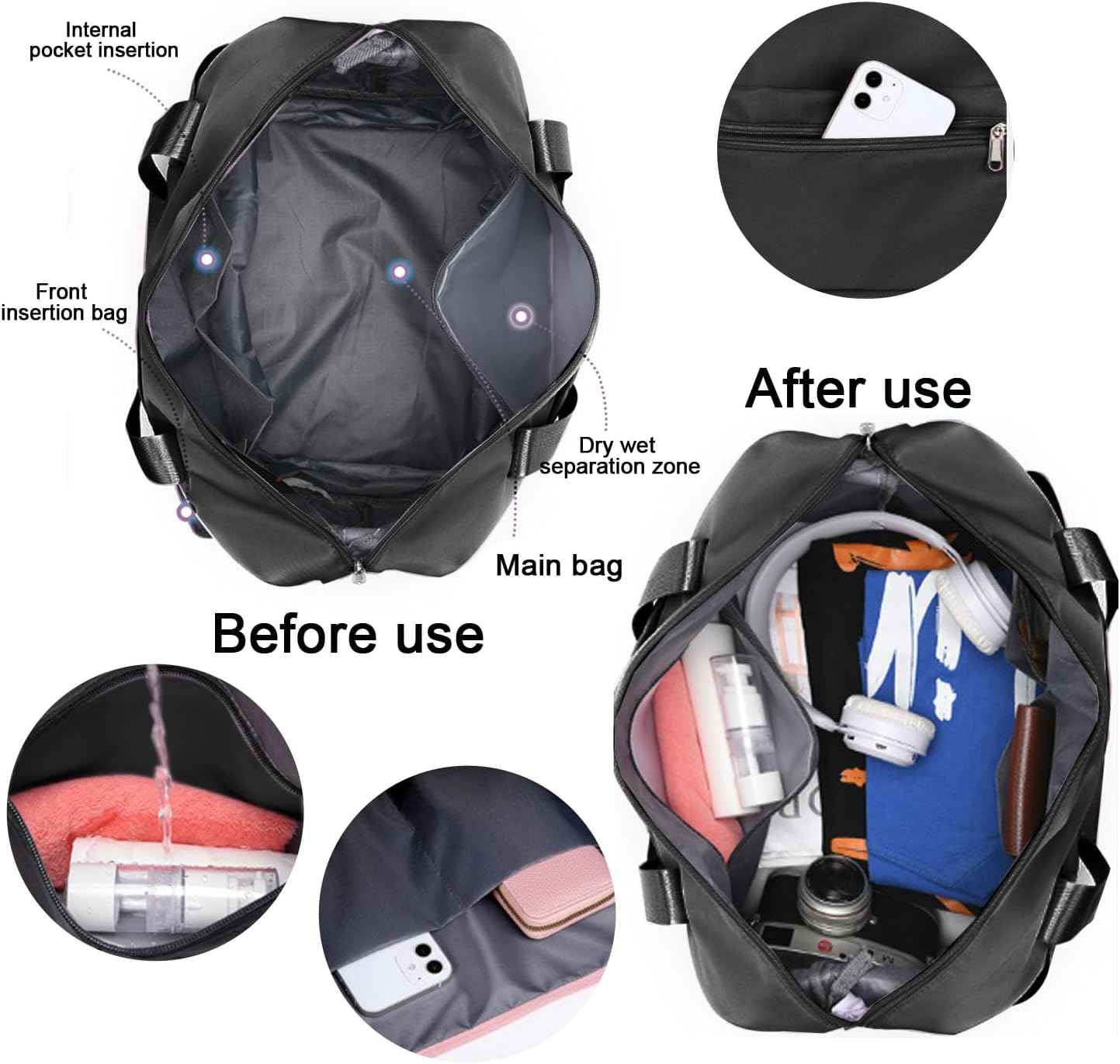 WUBAYI Travel Bag,Expandable Bilayer Overnight Bag Large Capacity Weekend Bag Dry & Wet Seperated Travel Bags for Women Foldie Travel Bag with Trolley Sleeve Duffel Bags for Women & Men, Black, L - 001 Pink image number 4