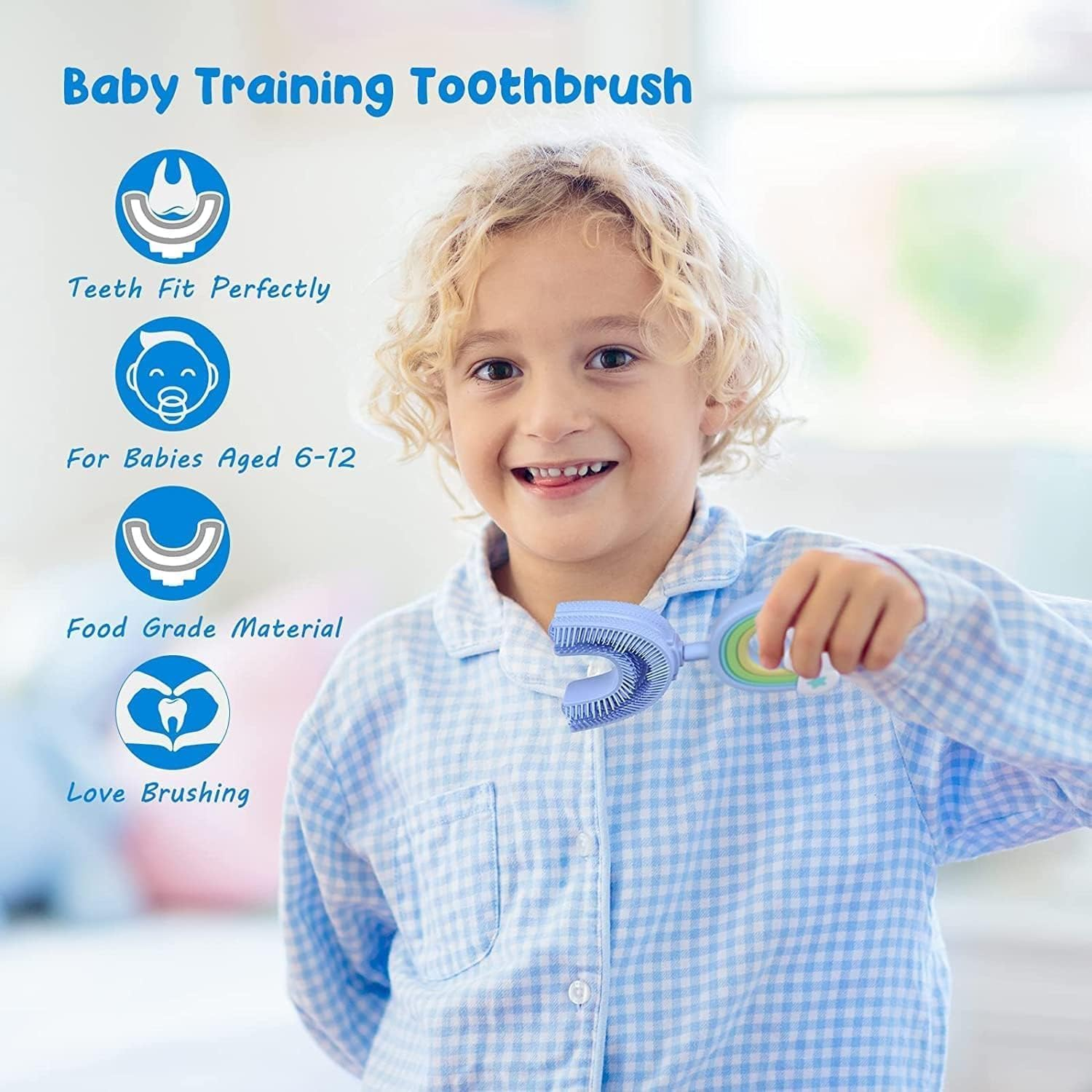 U-Shaped Children'S Toothbrush, Food-Grade Soft Silicone Toothbrush, 360&deg; Oral Cleaning Design for Infants (2-6 Years Old)(Blue) - Yellow image number 3