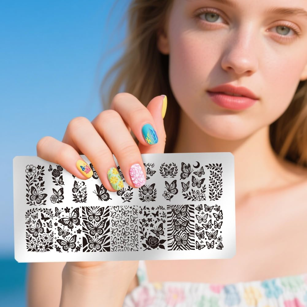 UNICRAFTALE 5Pcs Butterfly Flower Reusable Nails Stamp Flames Nails Stamping Kit Abstract Textures French Tip Nail Stamp Star Stainless Steel Nail Stamping Plates for DIY Women Gift 12X6Cm image number 4