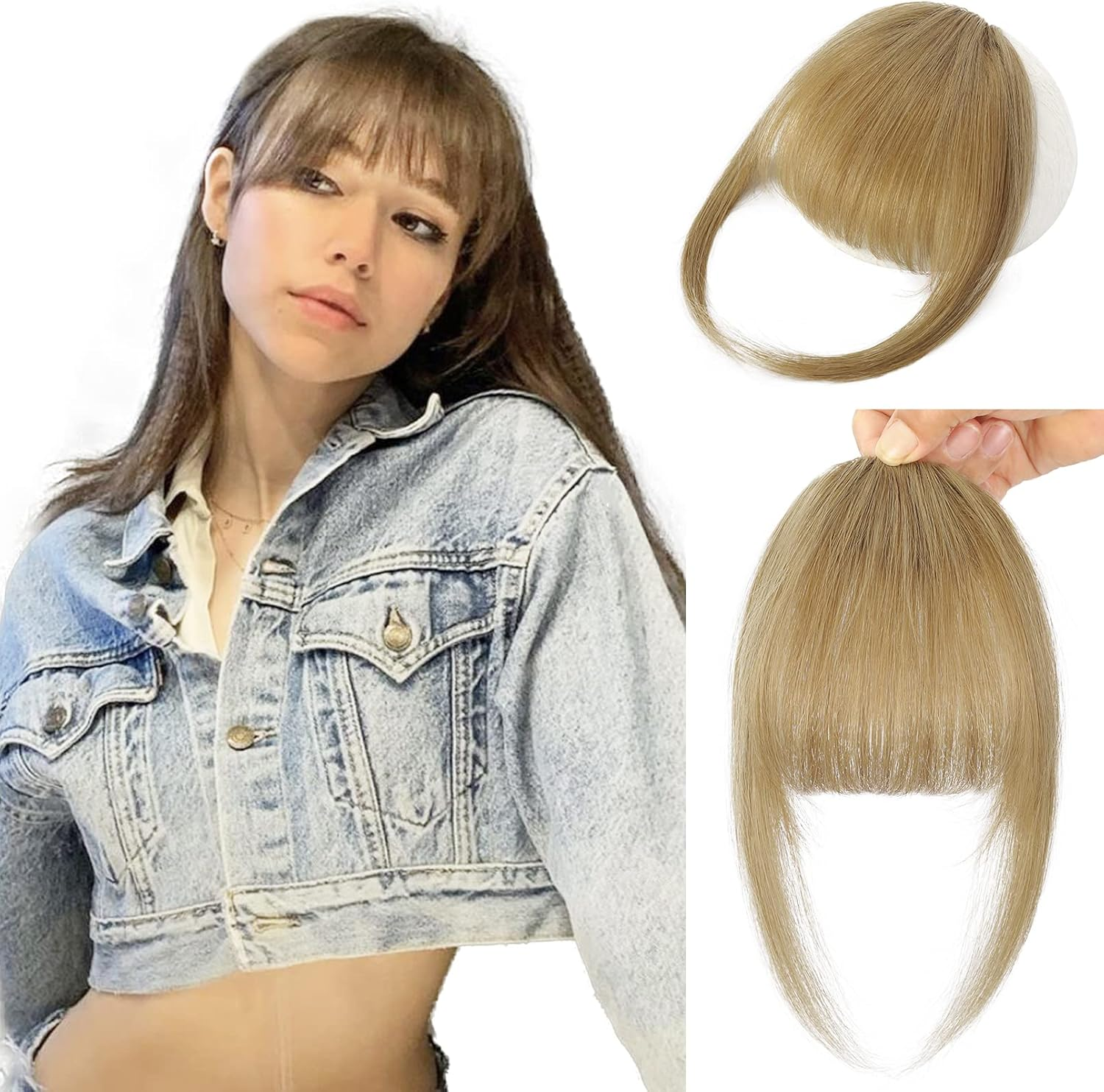 YOGFIT Clip in Bangs 100% Human Hair French Bang Clip in Hair Extensions, French Bang Fring with Temples Hairpieces Clip on French Bangs Flat Bangs Clip Curved Bangs for D (French Bangs, Dirty Blonde) image number 4