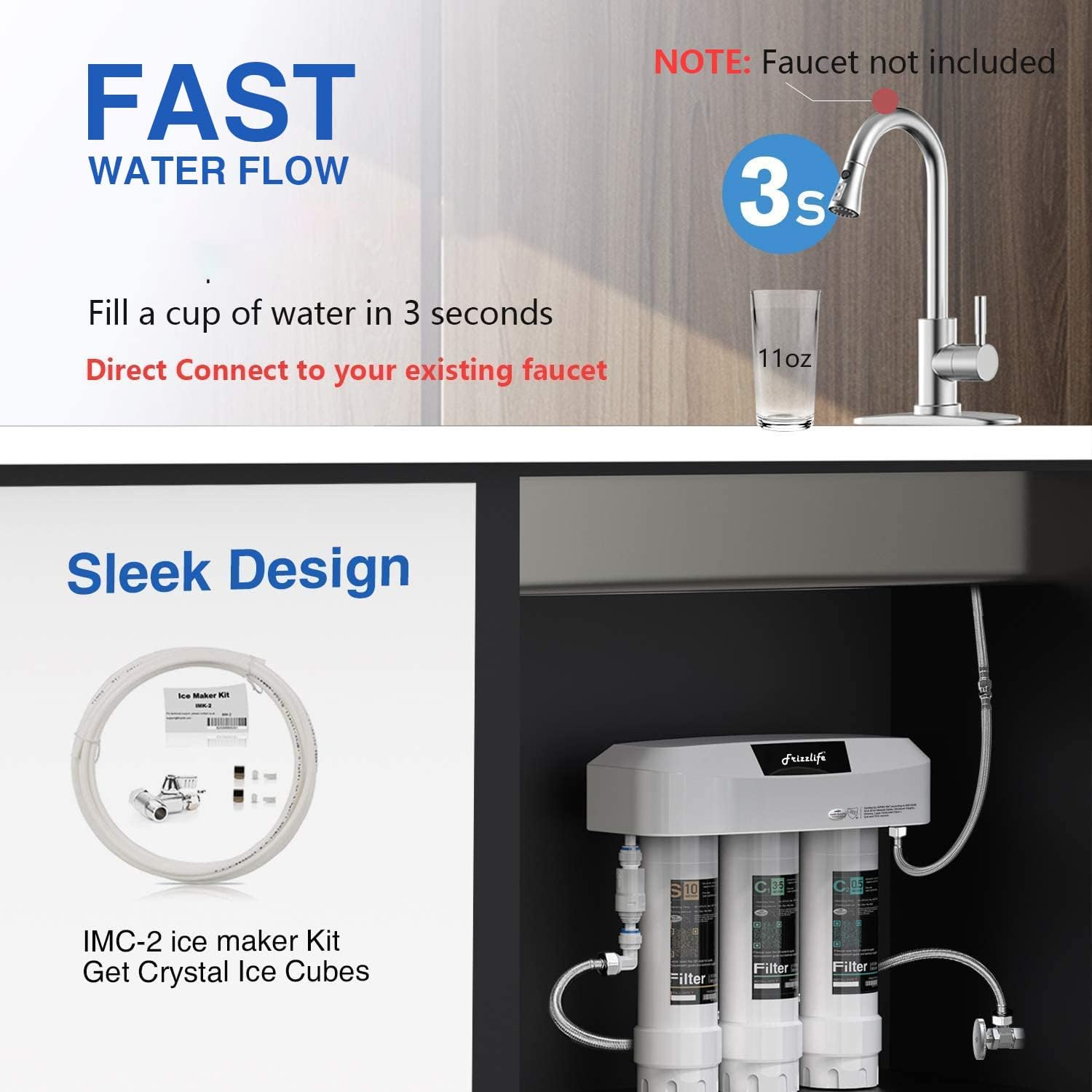 Frizzlife under Sink Water Filter System SK99-NEW, Direct Connect, NSF/ANSI 53&42 Certified 0.5 Micron Carbon Block, Remove Lead, Chlorine, Chloramine, Fluoride, Odor & Bad Taste- Quick Change