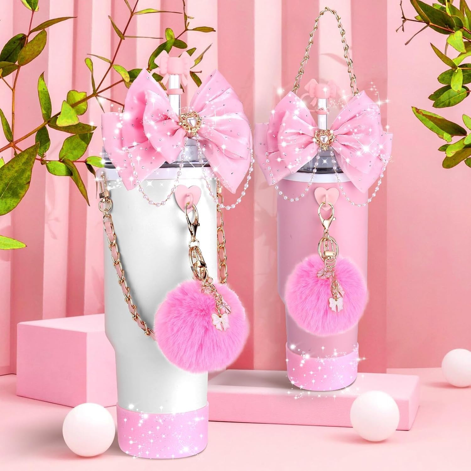 Bling Cup Accessories for Stanley Cup - Fits 20Oz, 30Oz & 40Oz Tumblers with Handle, Includes Bow Straw Topper, Decorative Straw Bow, Leather Handle Strap & Boot (Pink) - Pink image number 3