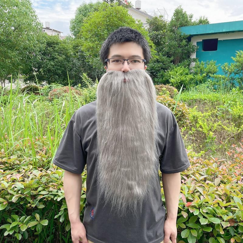 Party Fake Beard,Fake Long Beard and Mustache Men'S Big Beard Old Man Long Plush Beard Cosplay Holiday Party Party Costume Fake Whisker for Party Supplies Grey (White) image number 6