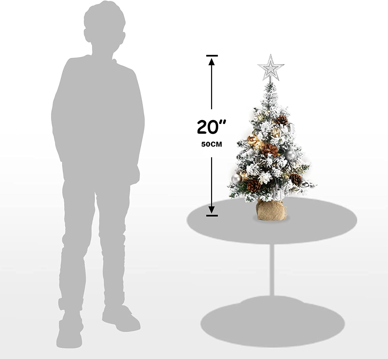 24 Inch 2FT Snowy Mini Christmas Tree, Small Tabletop Flocked Tree with LED Lights, Pine Cones, Balls, Star Tree Topper, Mini Gift Box and Cloth Bag Base, Xmas Decorations (Mini Christmas Tree)