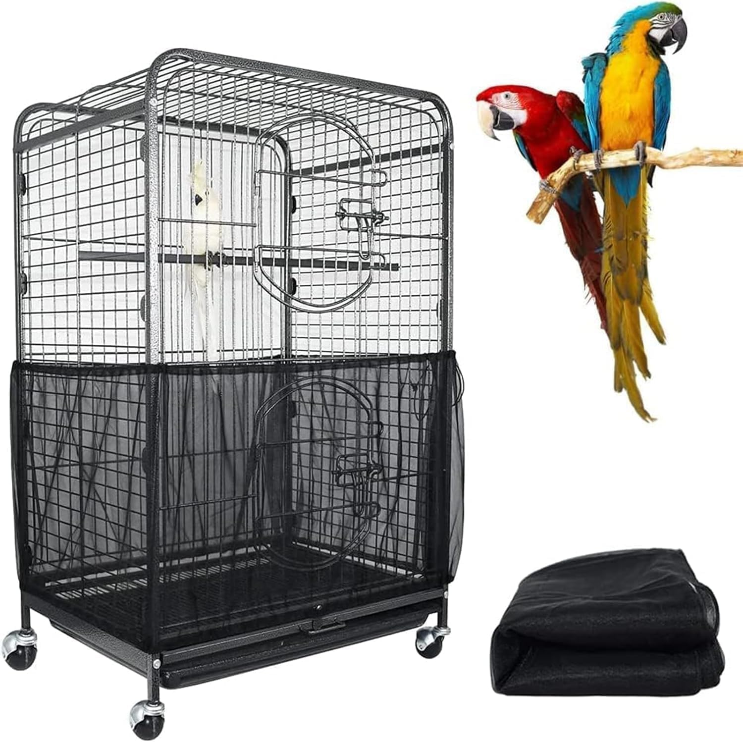 Bird Cage Seed Catcher Adjustable Bird Cage Cover Soft Nylon Mesh Net with Drawstring Birdcage Skirt Feather Guard for round Square Cages (Black, 87 * 15.7In/220 * 40Cm) image number 3