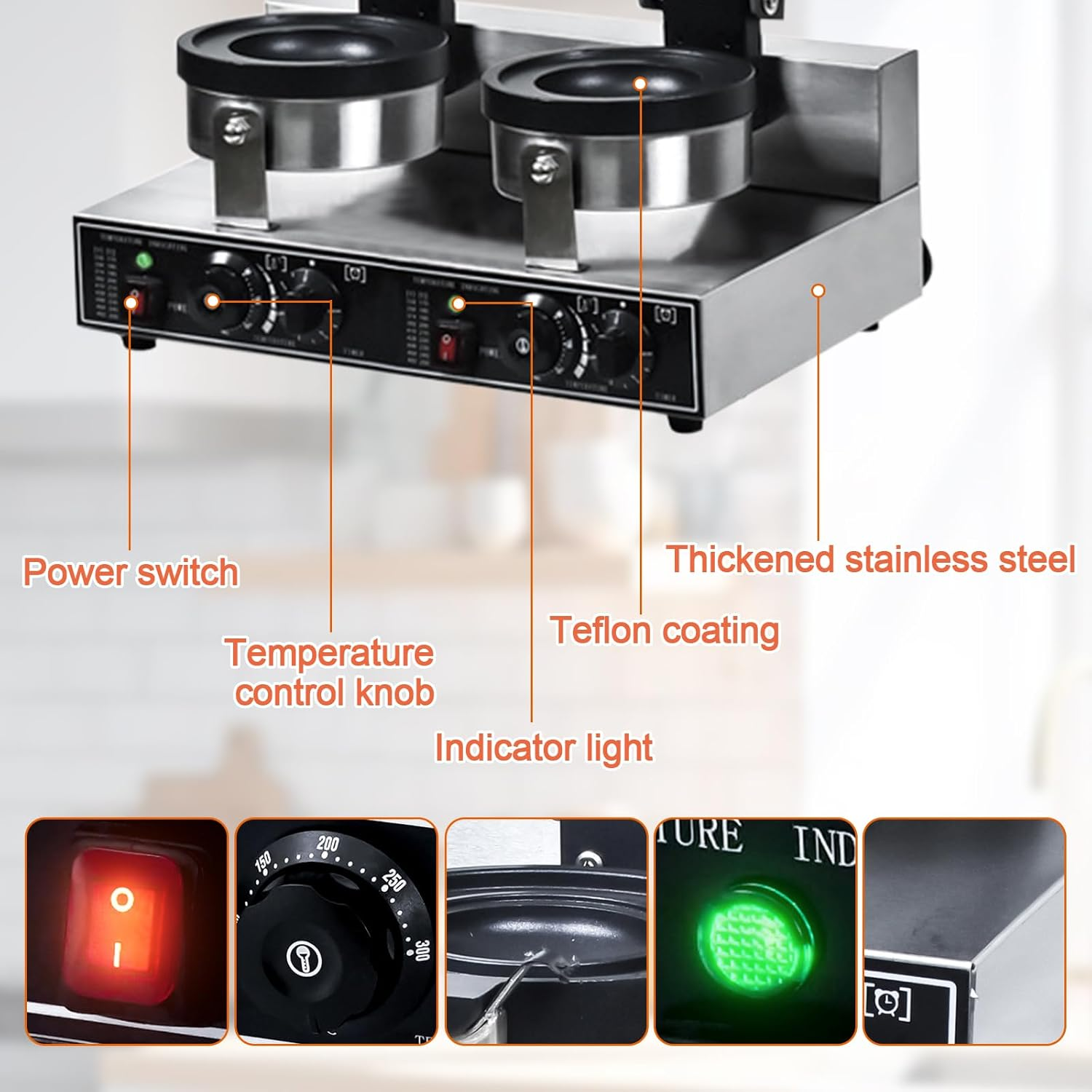 JUMEIYP Double-Head Burger Waffle Maker, Non-Stick Electric Panini Press Machine, Electric Heating Single Head Ice Cream Burger Machine, for Household or Commercial (A Style(Rotating)) image number 5