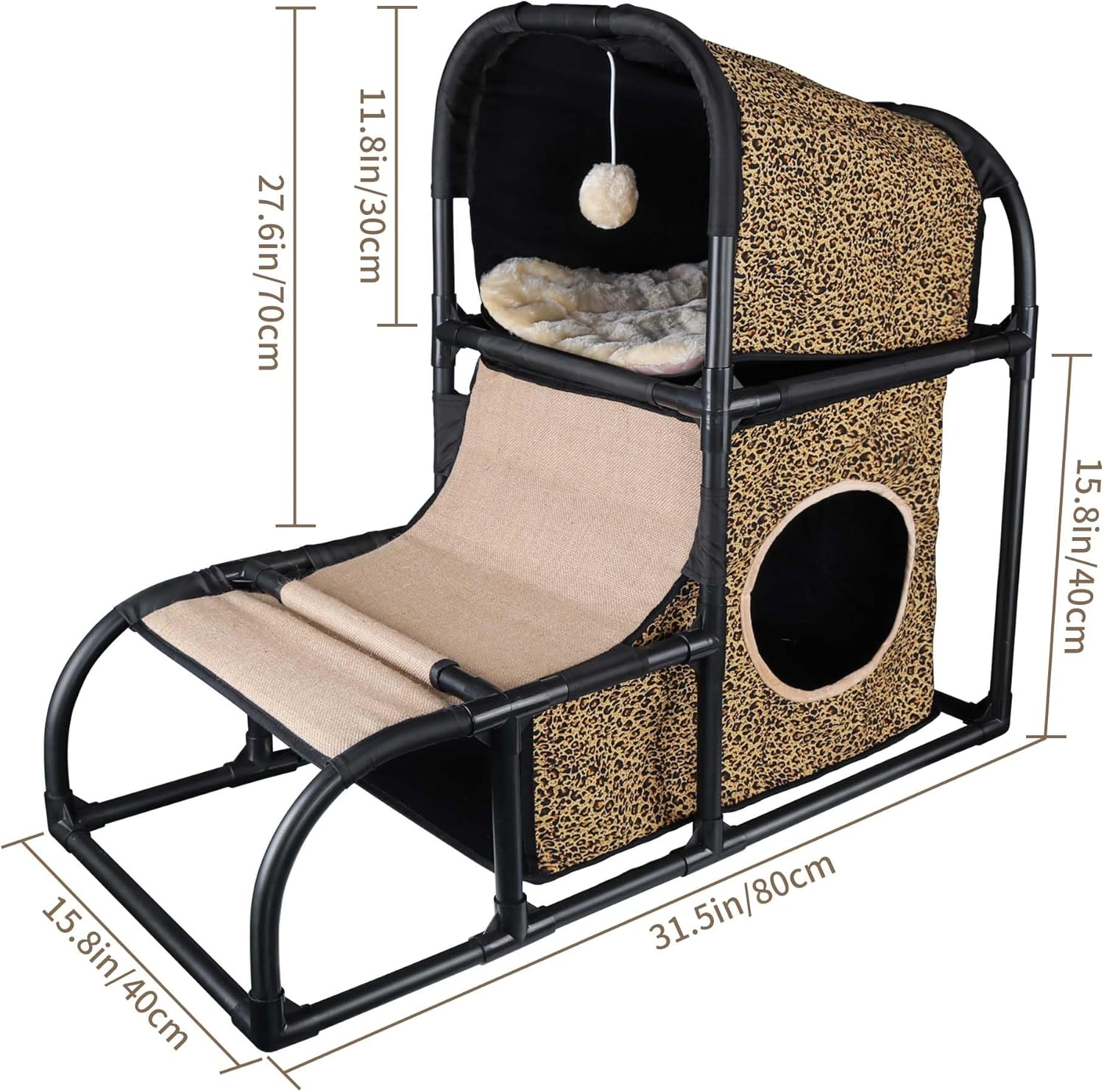 Goetland PVC Modern Cat Condo House Tree Medium Tower Bed Scratching Post Climber with Peek Hole and Dangling Ball for Kitty Indoors Leopard image number 3