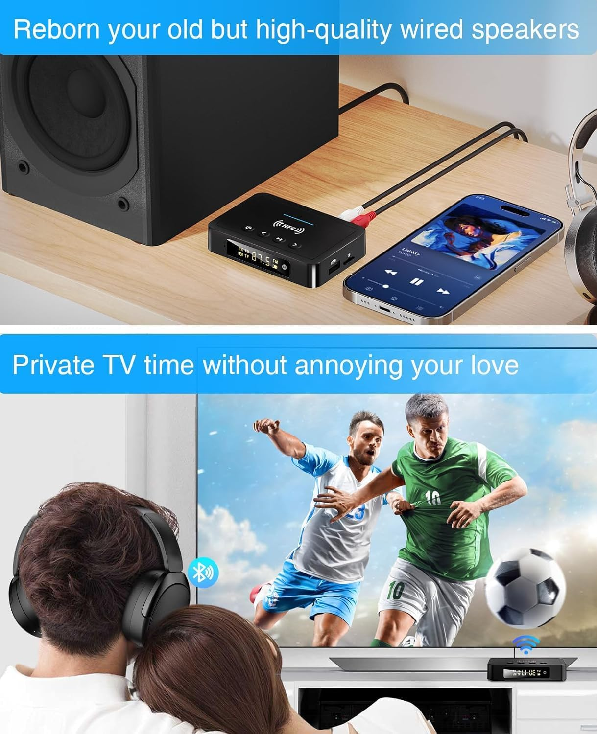 Bluetooth Transmitter, Beedove 3 in 1 Bluetooth 5.0 Transmitter Receiver Adapter, Wireless Audio Adapter with RCA/AUX Cable for Home Stereo/Speaker/Pc/Headphones image number 2