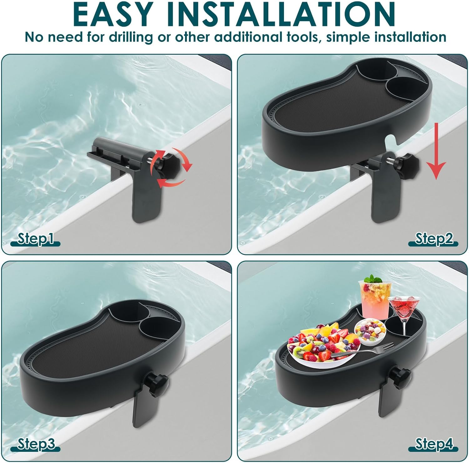 Hot Tub Table Tray with 2 Cup Holders Adjustable Aboveground Bathtub Tray Clamps to Side of Aboveground Bathtub with Wall Thickness of 2.4'' to 7.5''