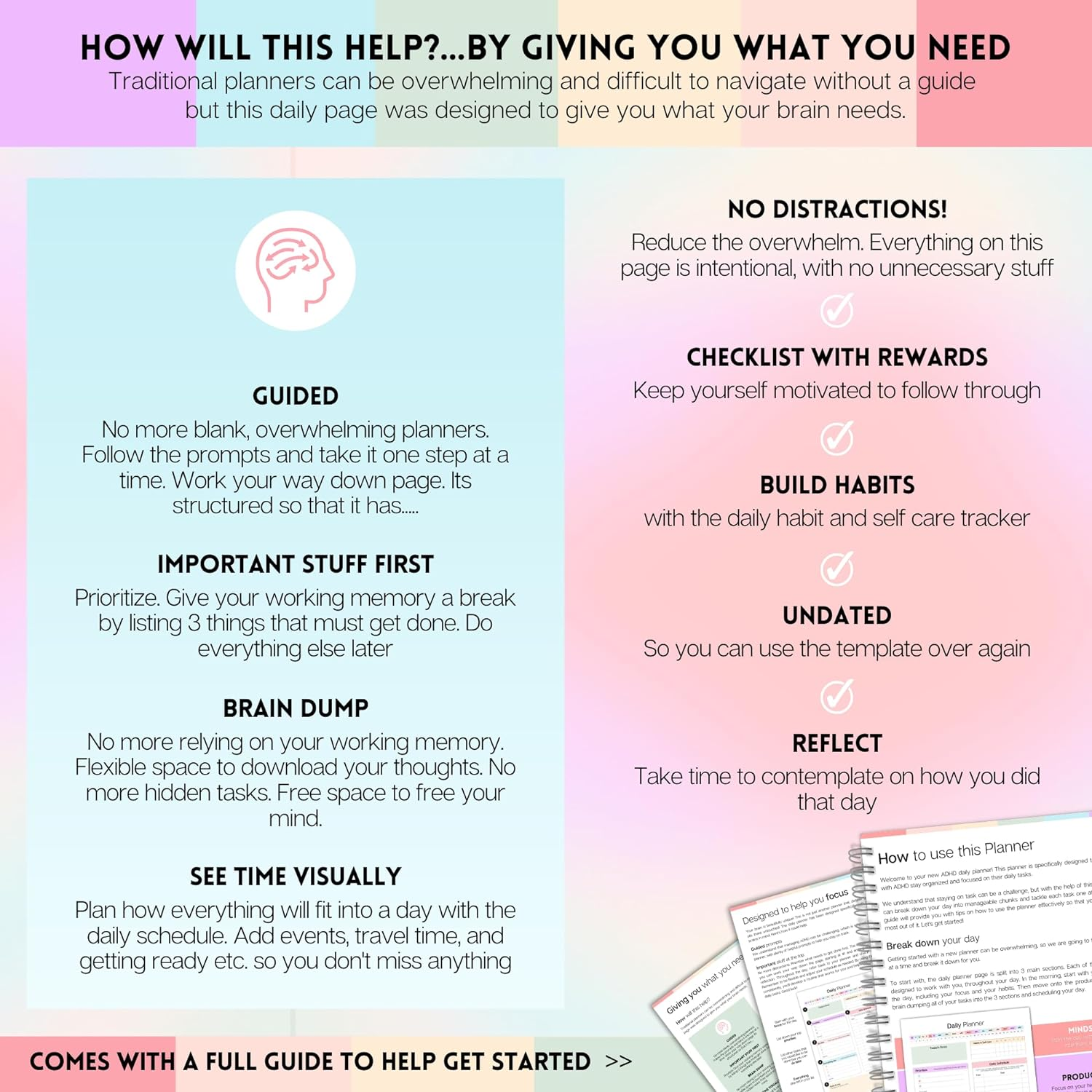 ADHD Daily Planner for Neurodivergent Adults - Productivity Daily Planner & Task Management to Stay Organized and Focused - A5 Pastel Rainbow image number 6